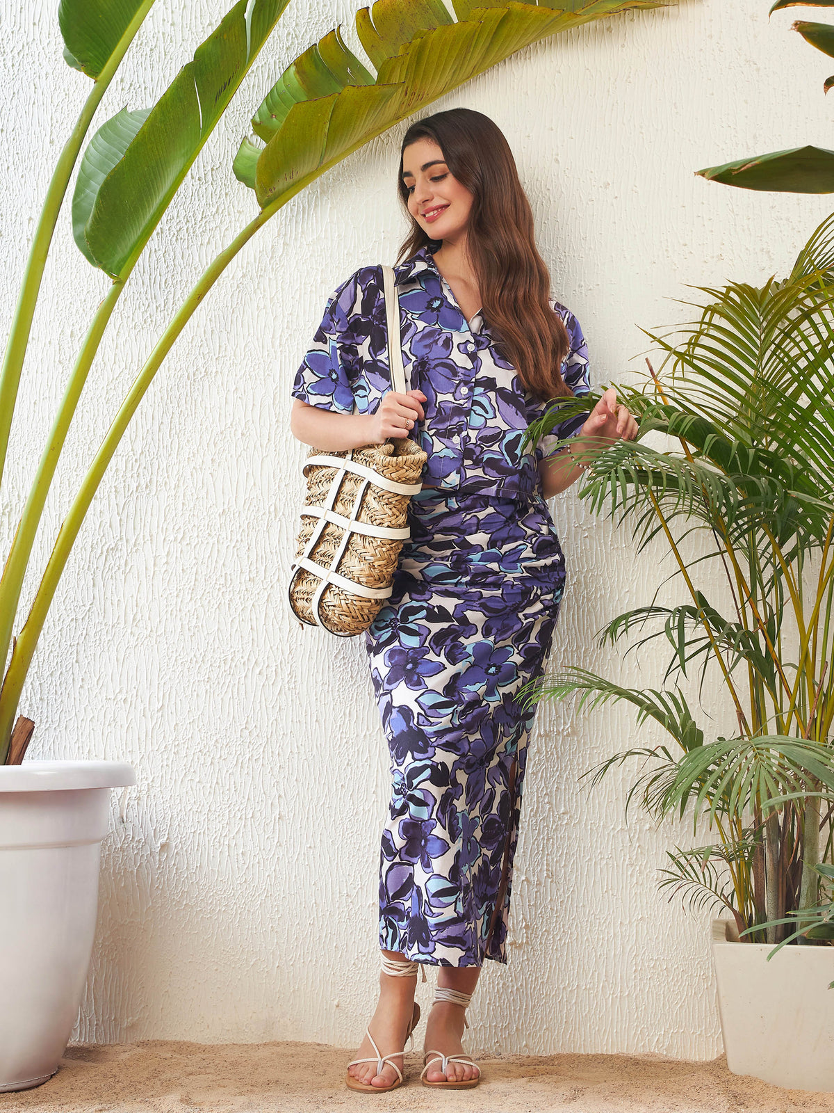 Purple Floral Crop Shirt With Side Ruched Maxi Skirt-SASSAFRAS