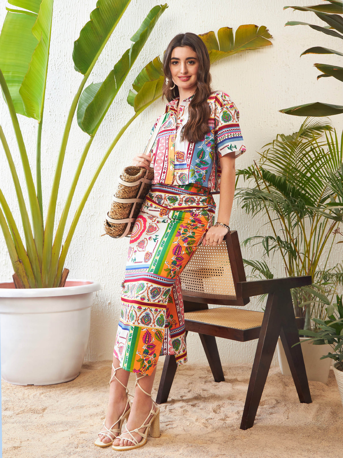 Multi Patch Crop Shirt With Side Ruched Maxi Skirt-SASSAFRAS