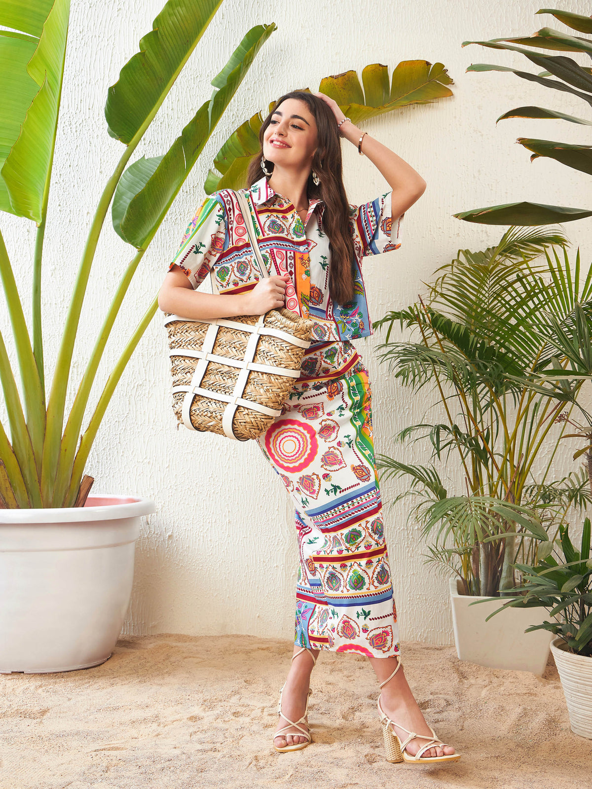 Multi Patch Crop Shirt With Side Ruched Maxi Skirt-SASSAFRAS