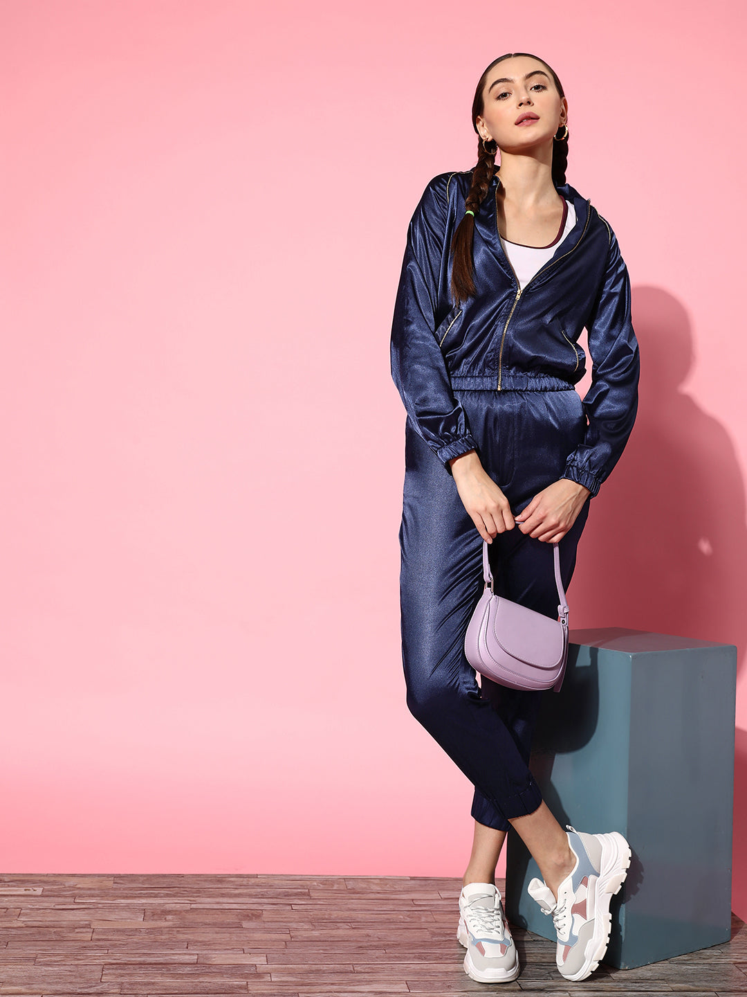 Oversized Retro Satin Jacket Women Navy Lycra Satin Bomber Jacket