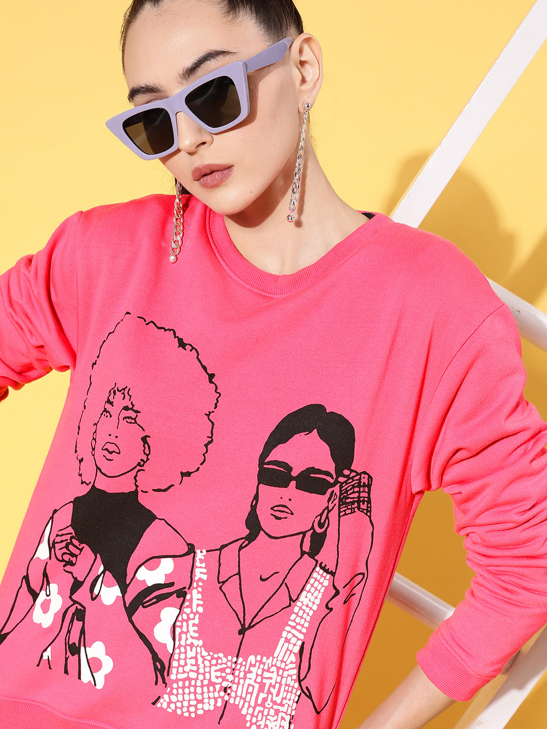 Pink Fleece Line Art Sweatshirt With Track Pants-SASSAFRAS