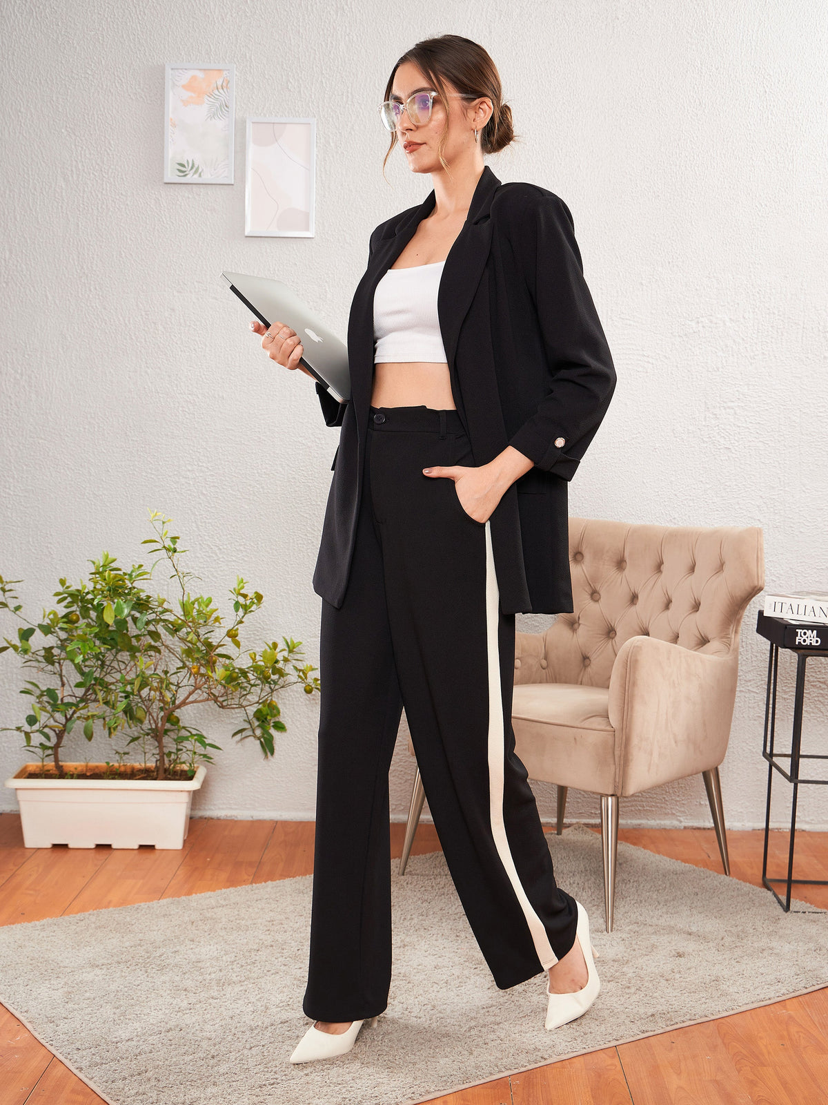 Black Longline Blazer With Side Tape Pants-SASSAFRAS worklyf