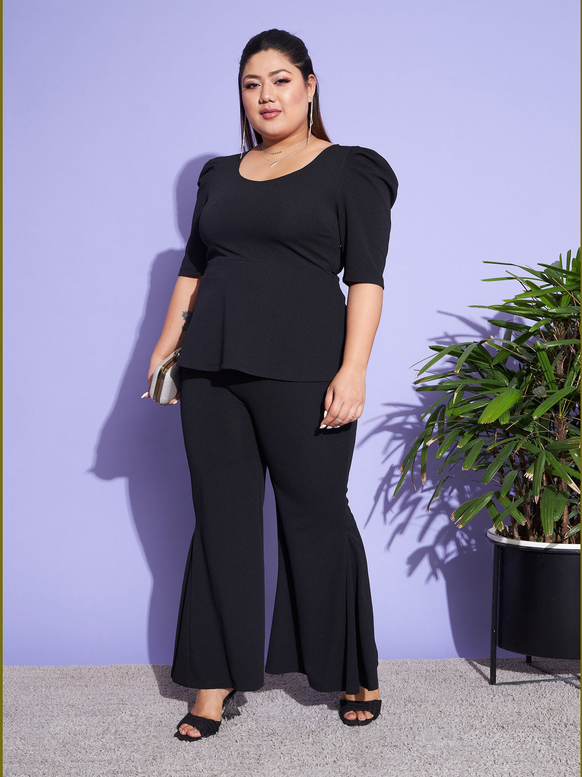 Black Peplum Top With Kick Pleats Pants-SASSAFRAS Curve