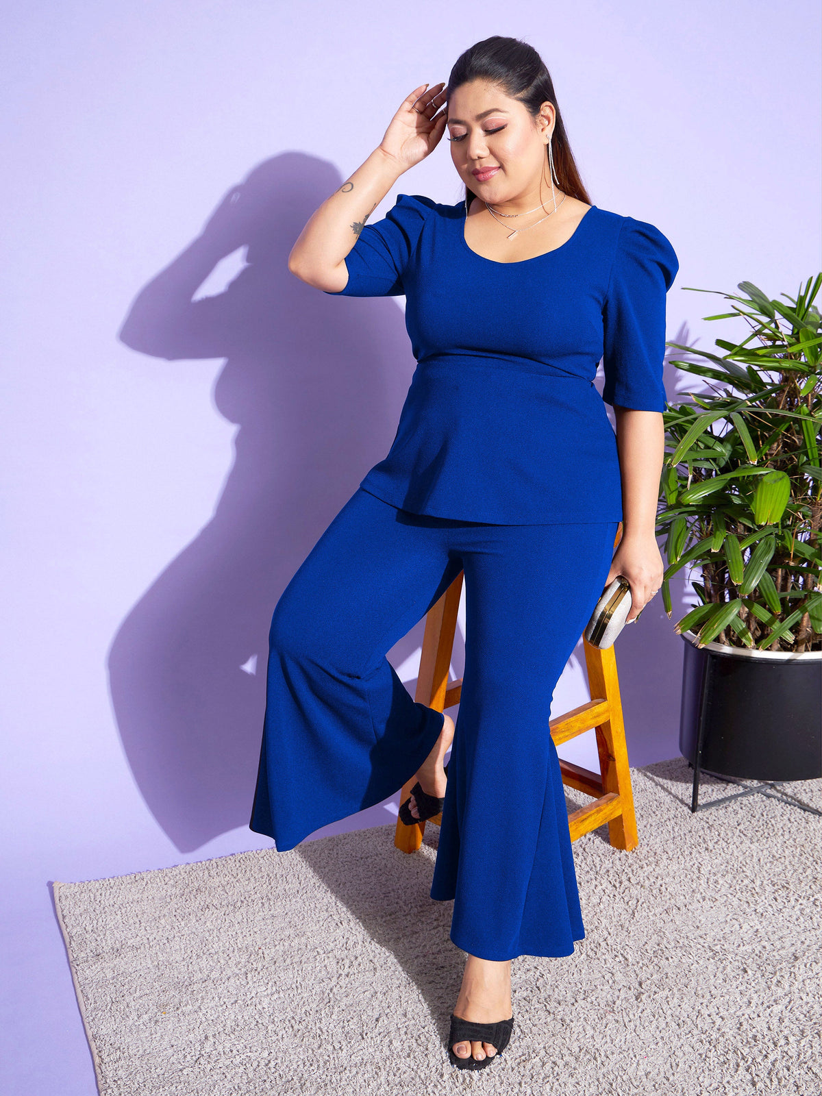 Royal Blue Peplum Top With Kick Pleats Pants-SASSAFRAS Curve