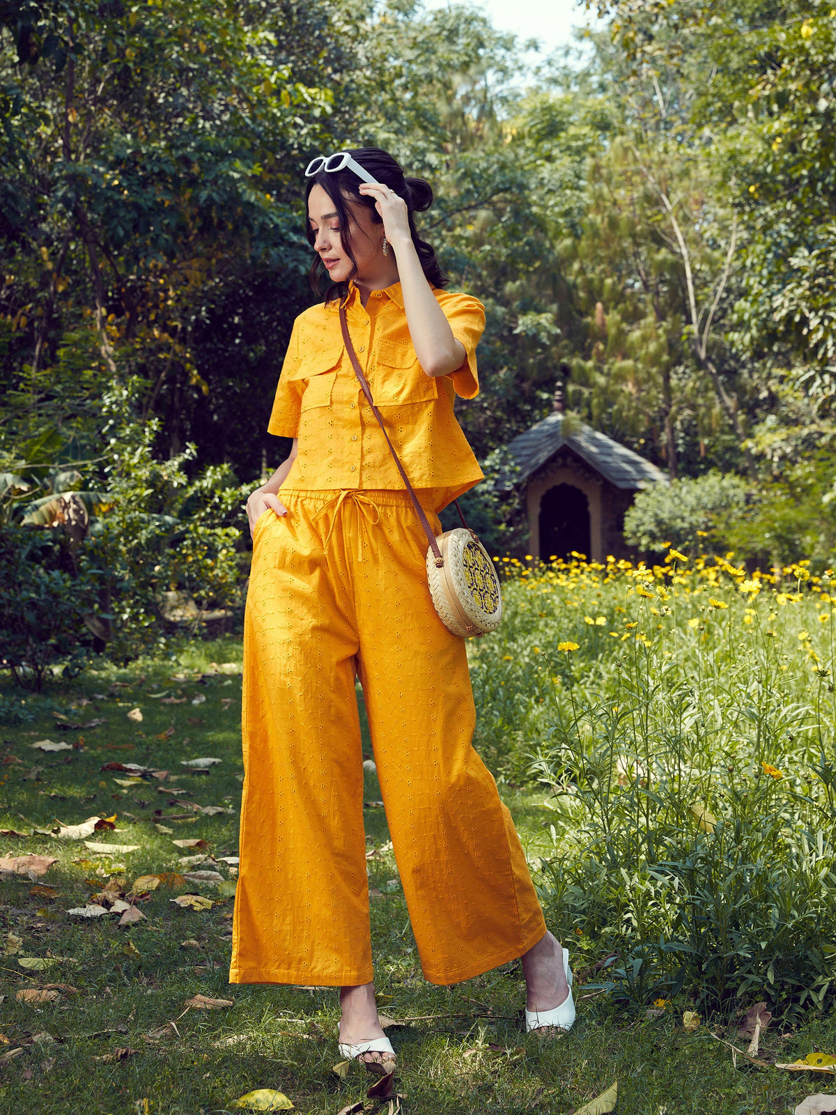 Mustard Schiffli Crop Shirt With Wide Leg Pants-SASSAFRAS