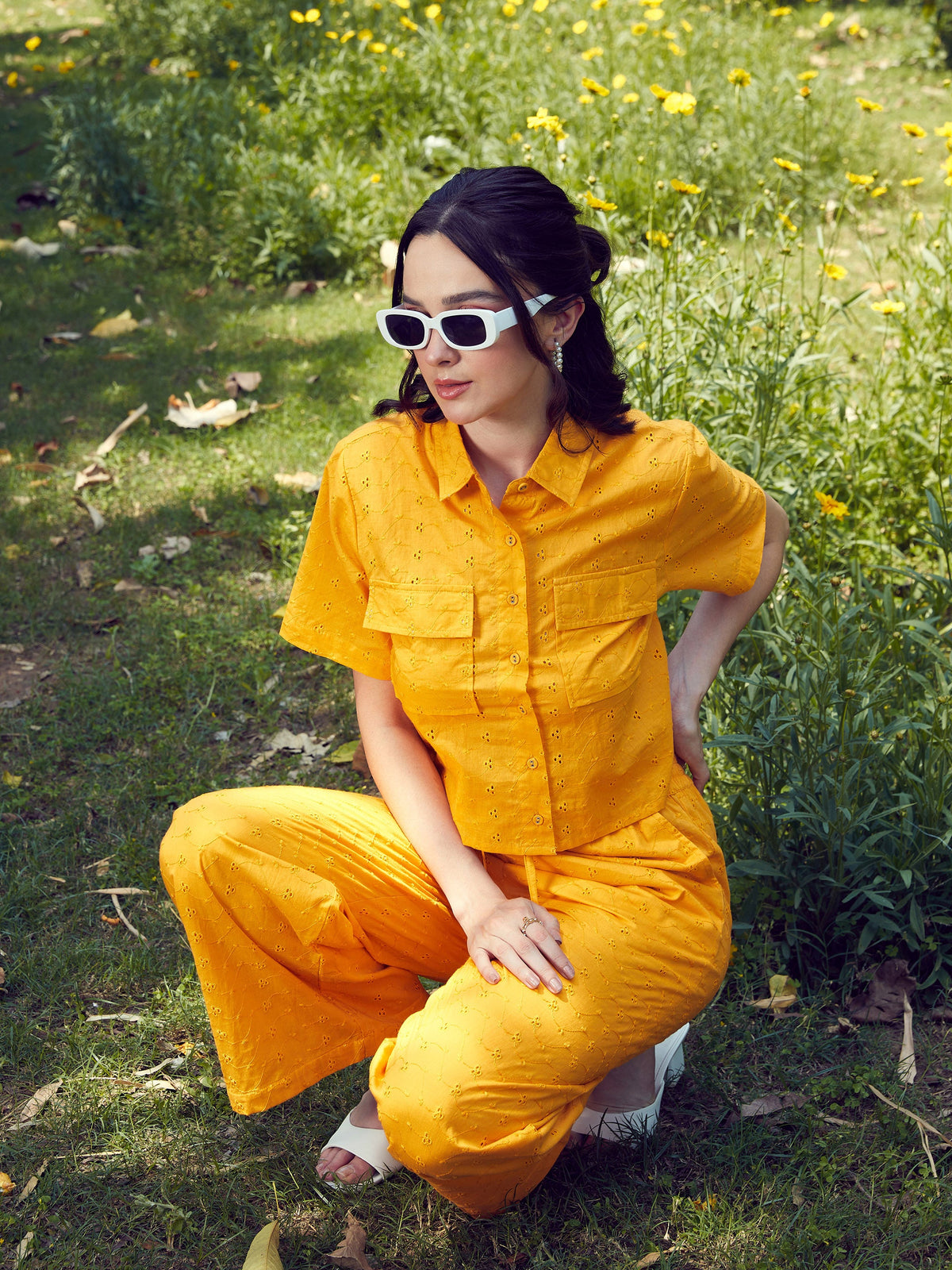 Mustard Schiffli Crop Shirt With Wide Leg Pants-SASSAFRAS