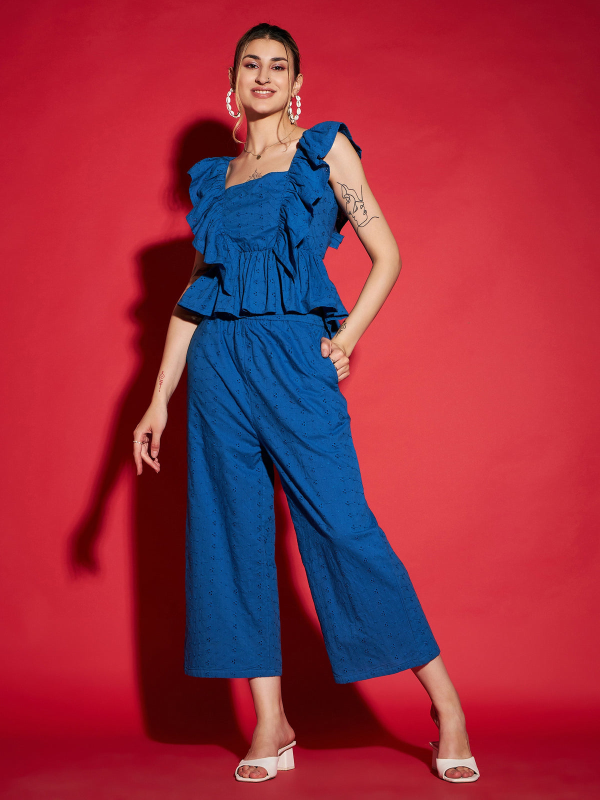 Royal Blue Schiffli Peplum Top With Palazzos-SASSAFRAS