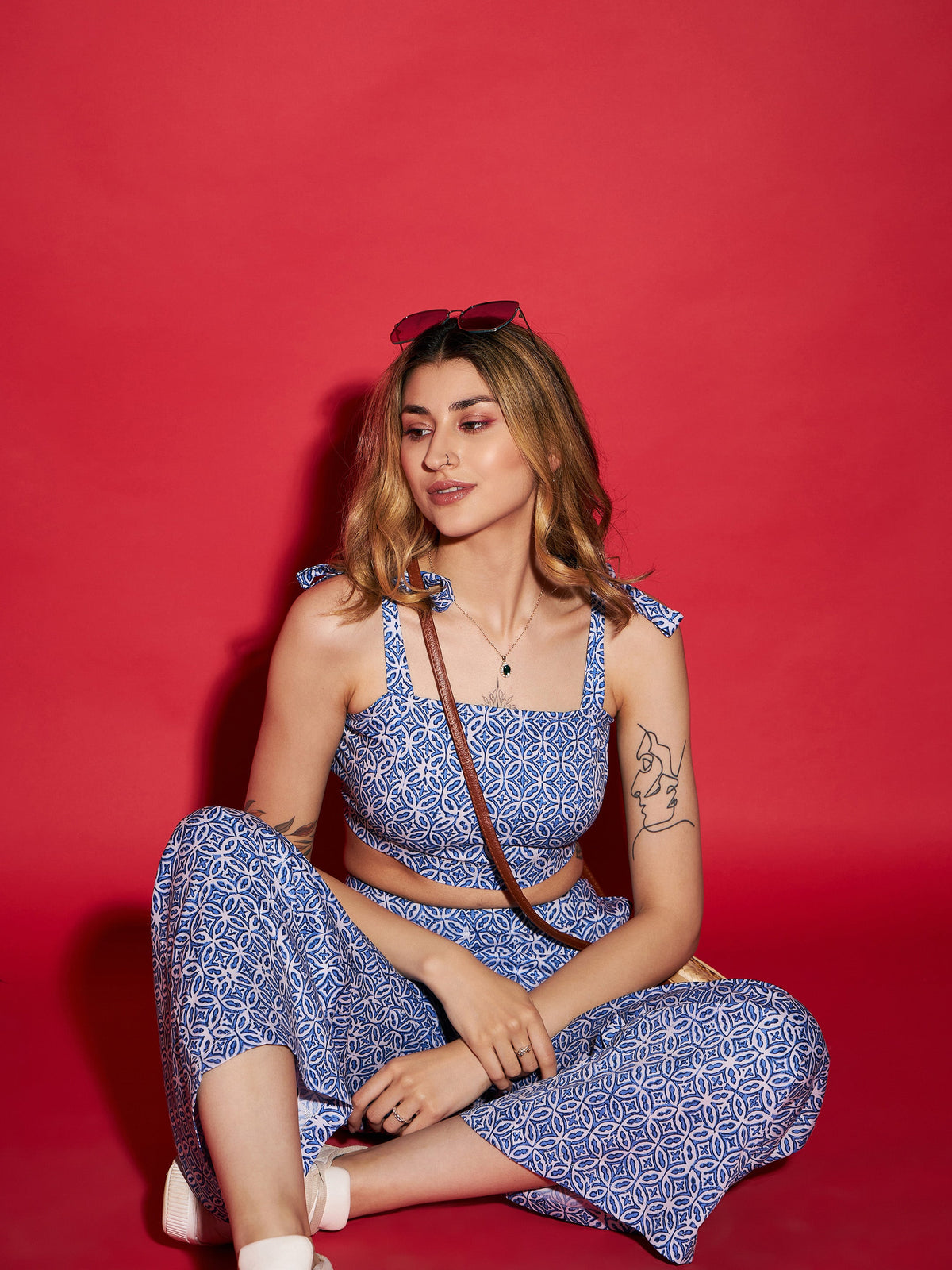 Blue Mughal Print Crop Top With Straight Pants-SASSAFRAS