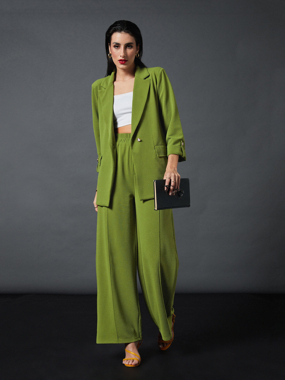 Olive Front Button Blazer With Palazzo Pants-SASSAFRAS worklyf