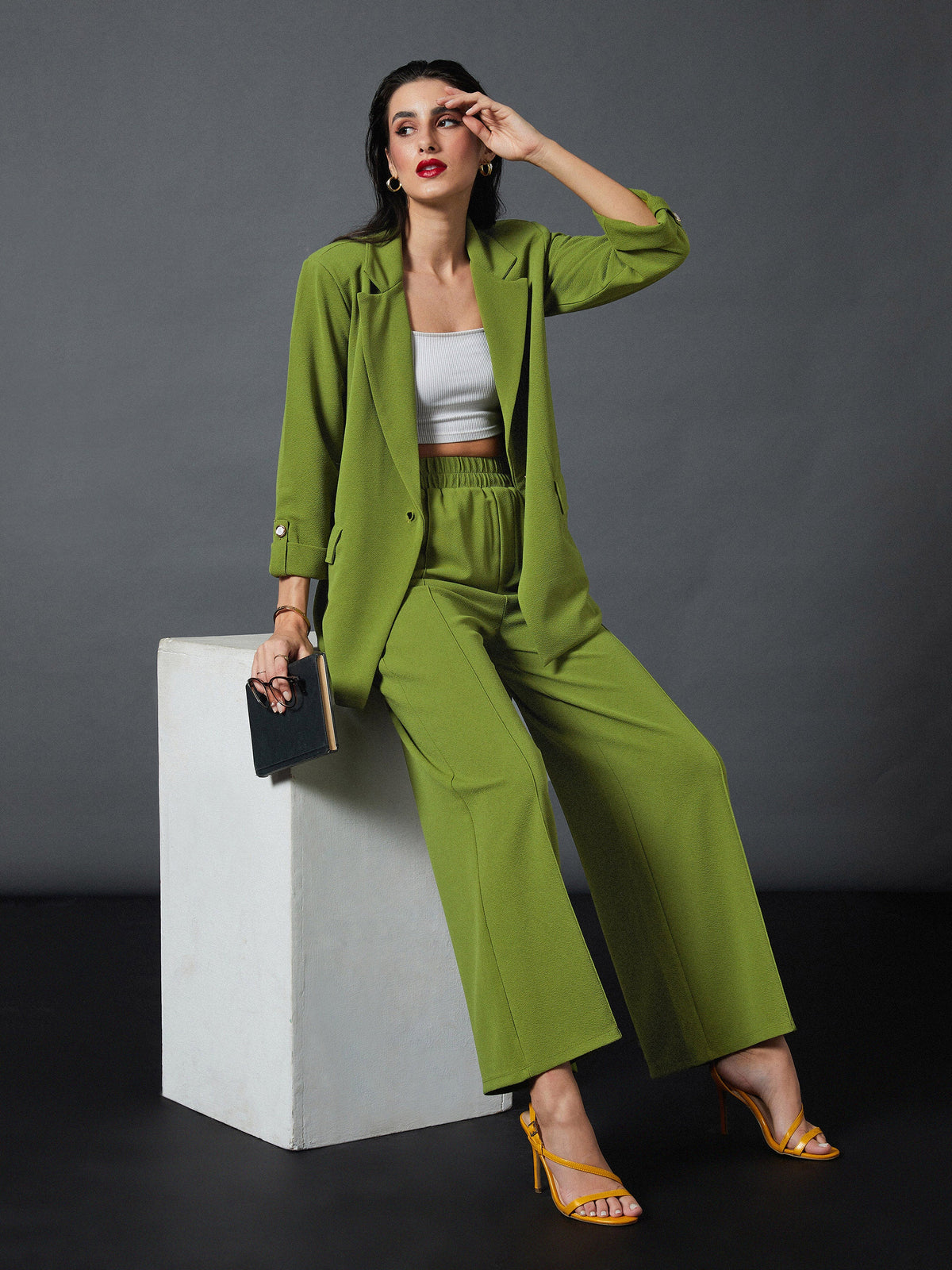 Olive Front Button Blazer With Palazzo Pants-SASSAFRAS worklyf