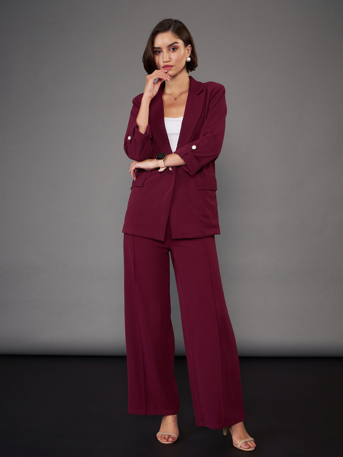 Burgundy Front Button Blazer With Palazzo Pants-SASSAFRAS worklyf