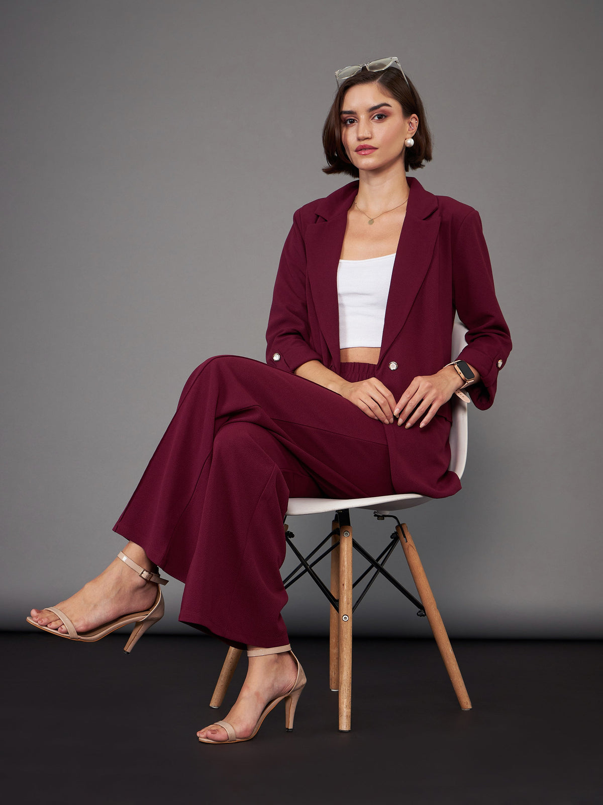 Burgundy Front Button Blazer With Palazzo Pants-SASSAFRAS worklyf