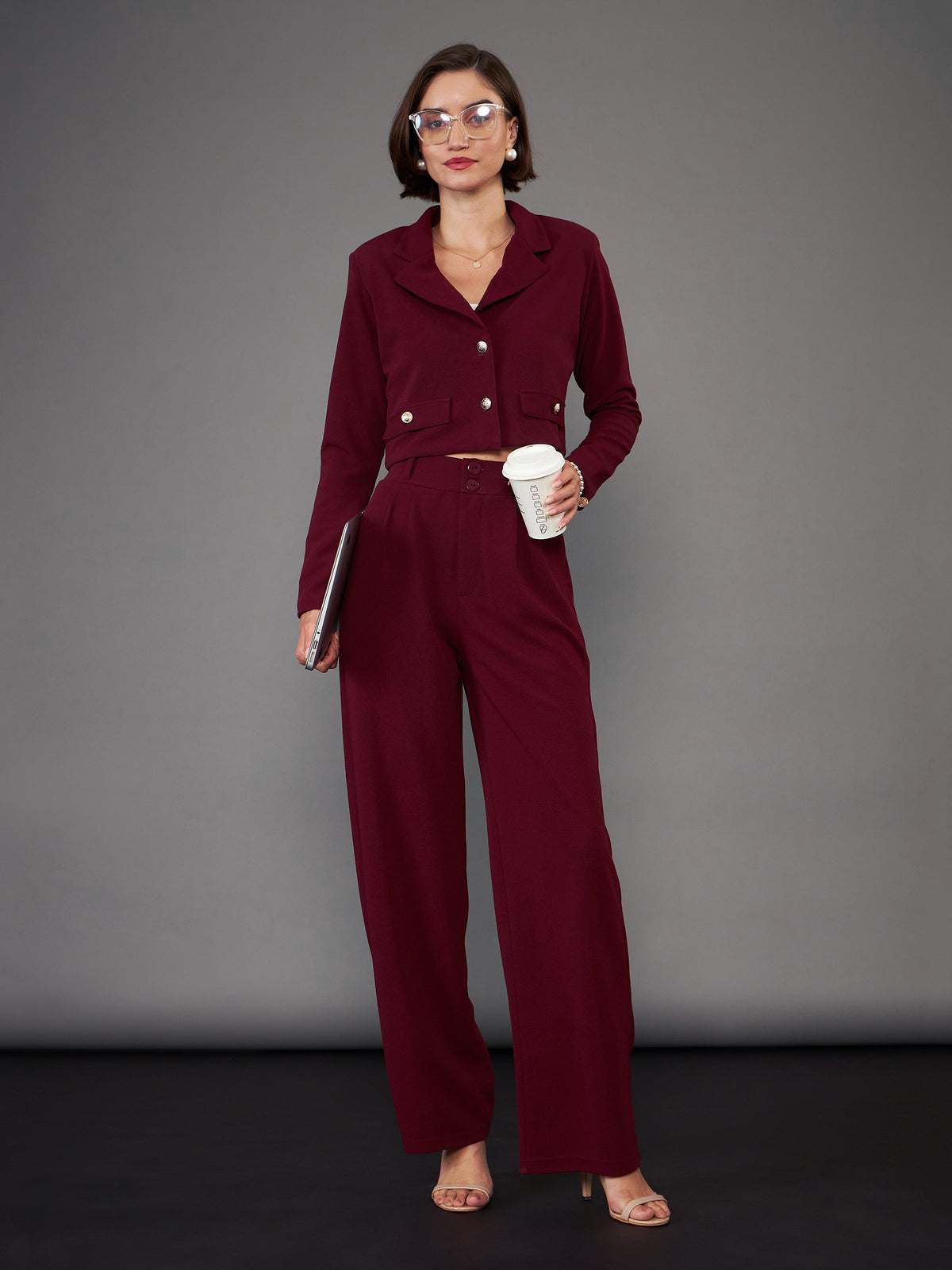 Burgundy Notch Collar Crop Blazer With Pleated Pants-SASSAFRAS worklyf
