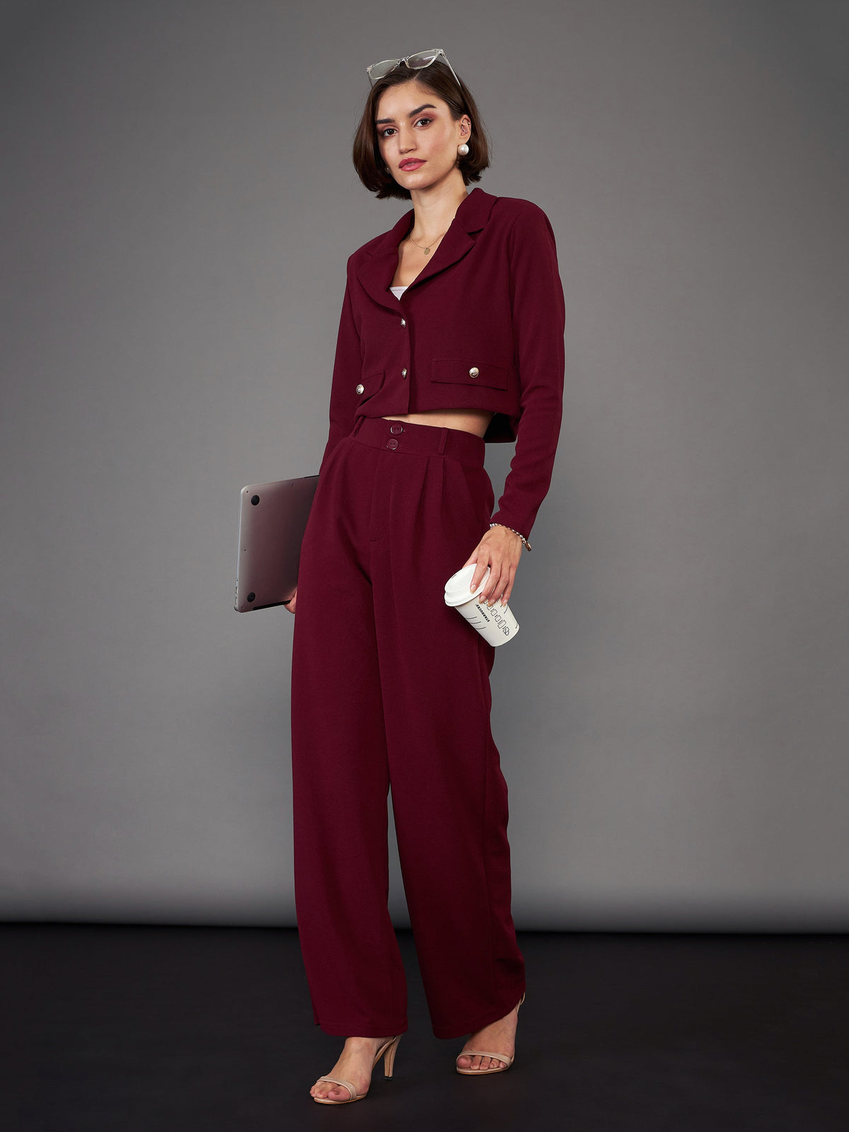 Burgundy Notch Collar Crop Blazer With Pleated Pants-SASSAFRAS worklyf