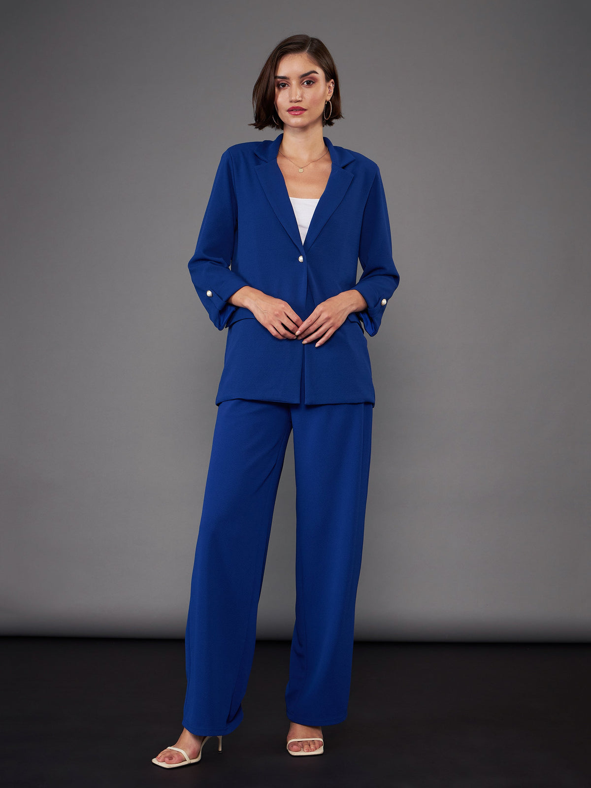 Royal Blue Front Button Blazer With Pleated Pants-SASSAFRAS worklyf