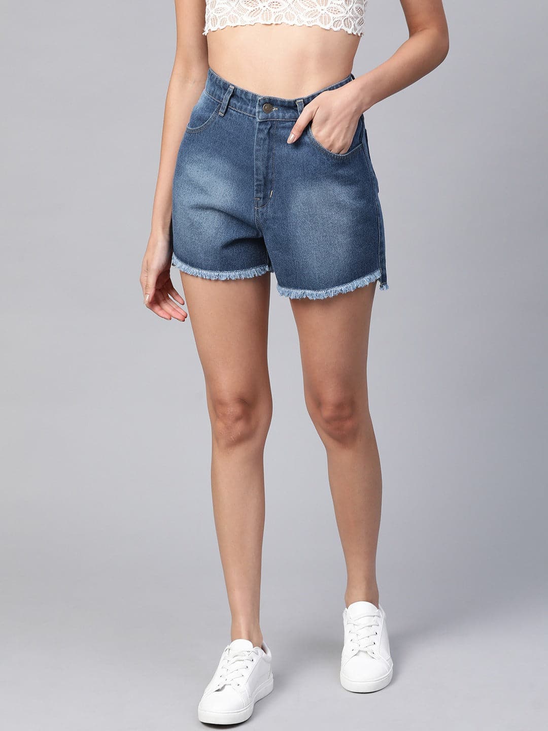 Blue Bleach Wash Frayed Look Shorts-Shorts-SASSAFRAS