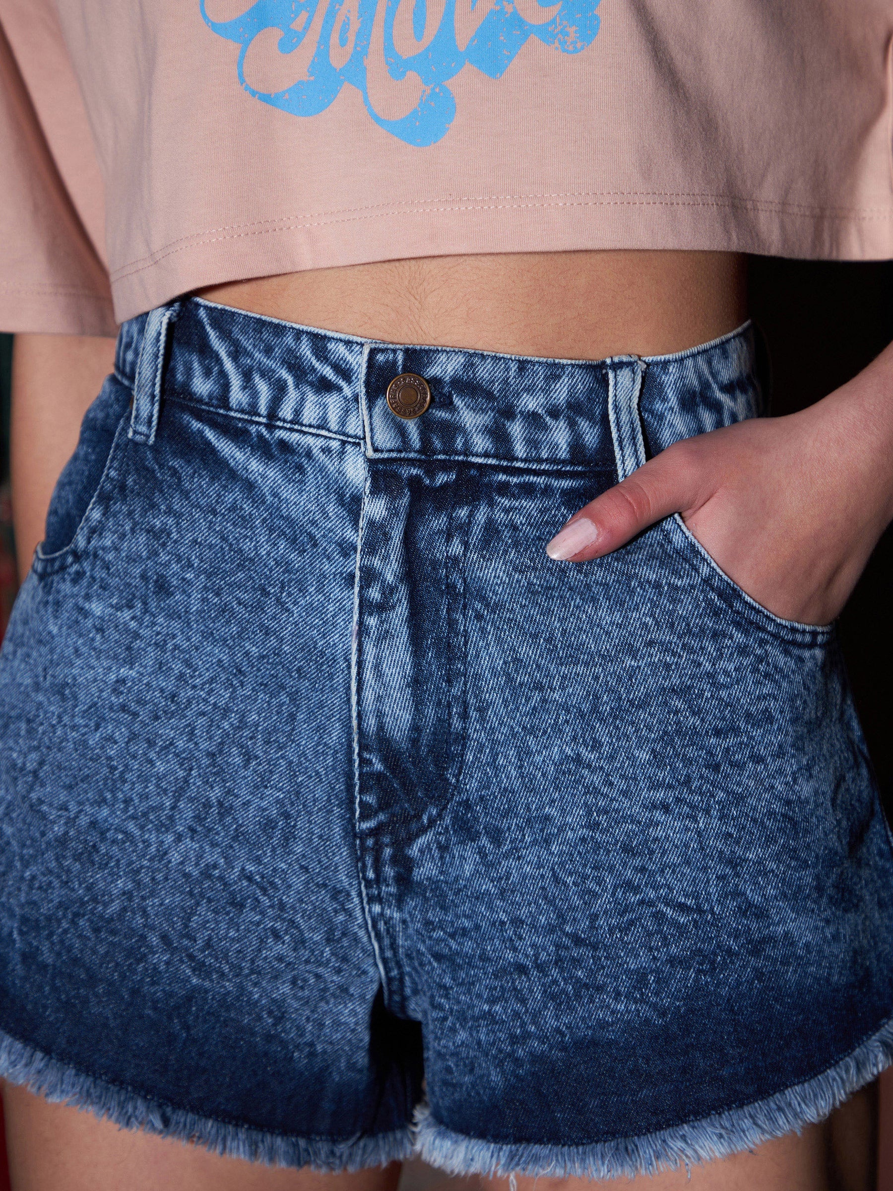 Blue Washed Denim High Waist A-Line Shorts-SASSAFRAS