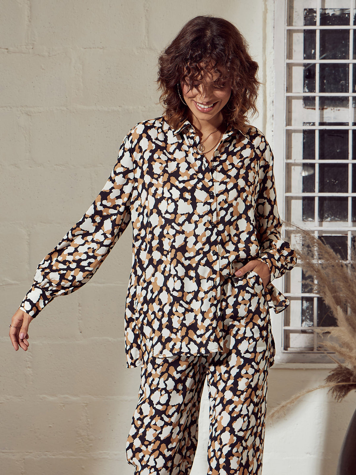 Beige Abstract Print Oversized Shirt -SASSAFRAS
