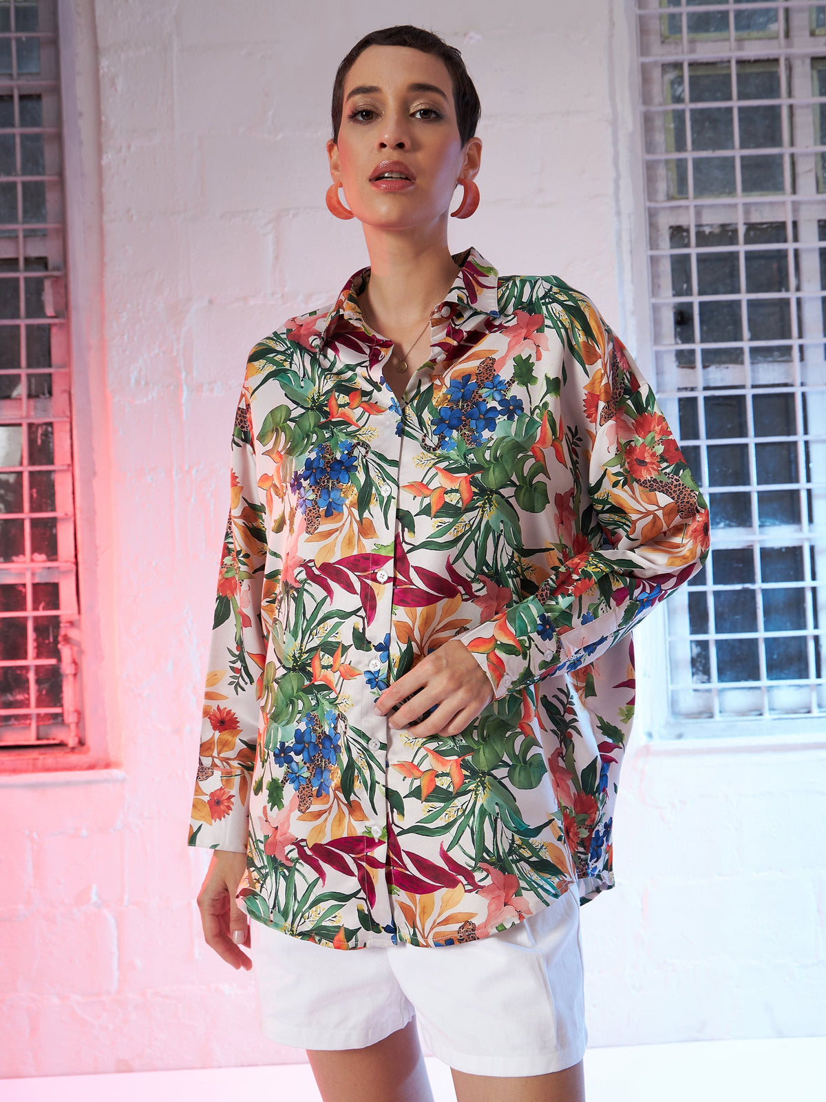 Beige Satin Floral Oversized Shirt-SASSAFRAS