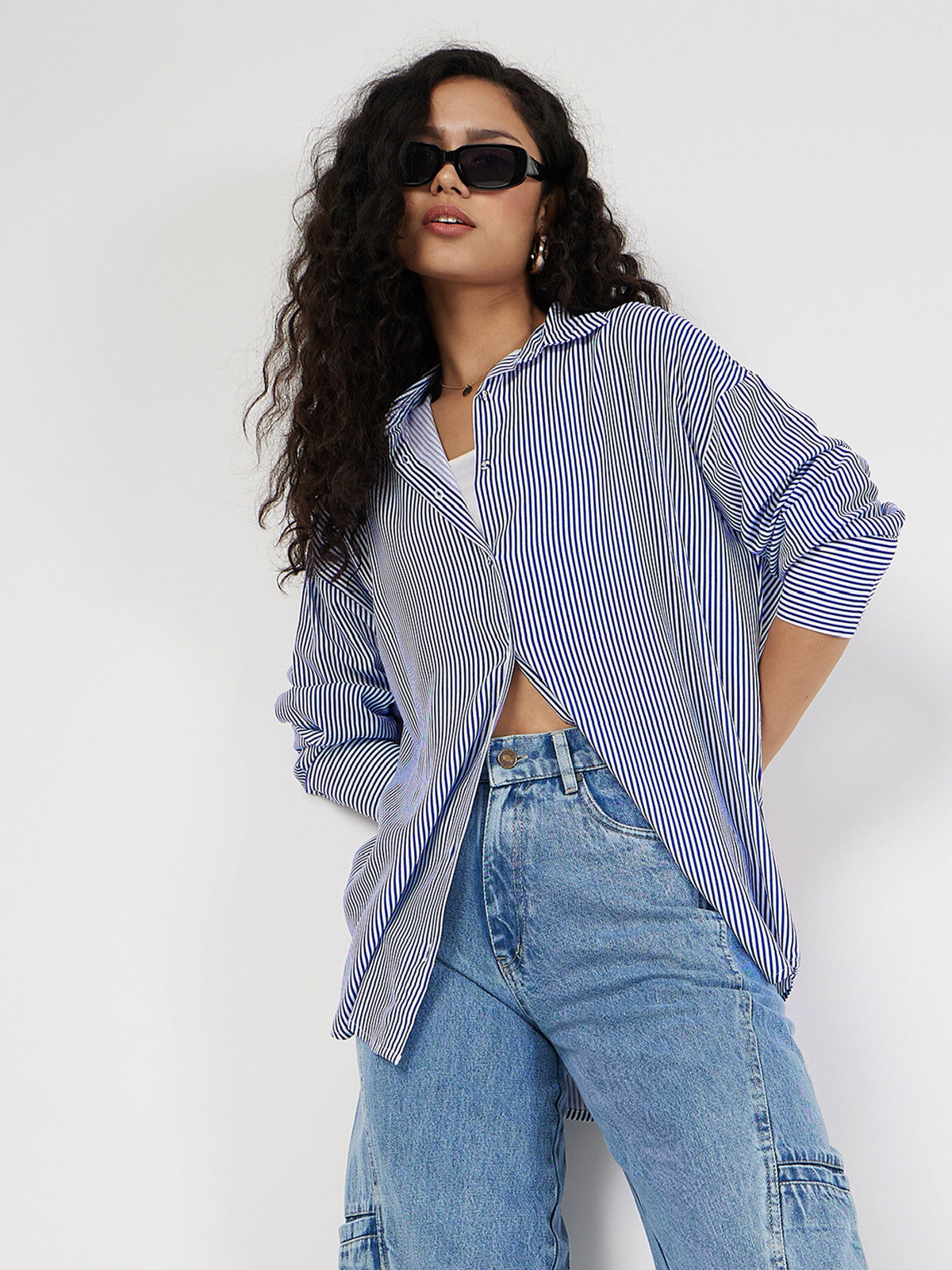 Blue & White Pinstriped Oversize Shirt-SASSAFRAS