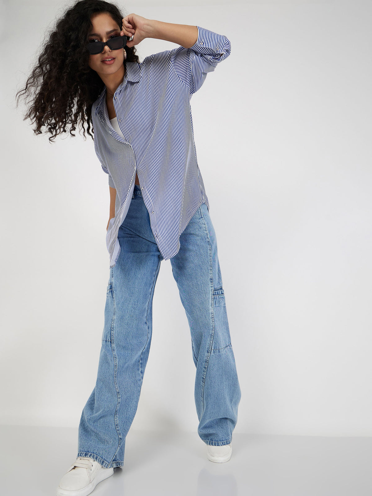 Blue & White Pinstriped Oversize Shirt-SASSAFRAS