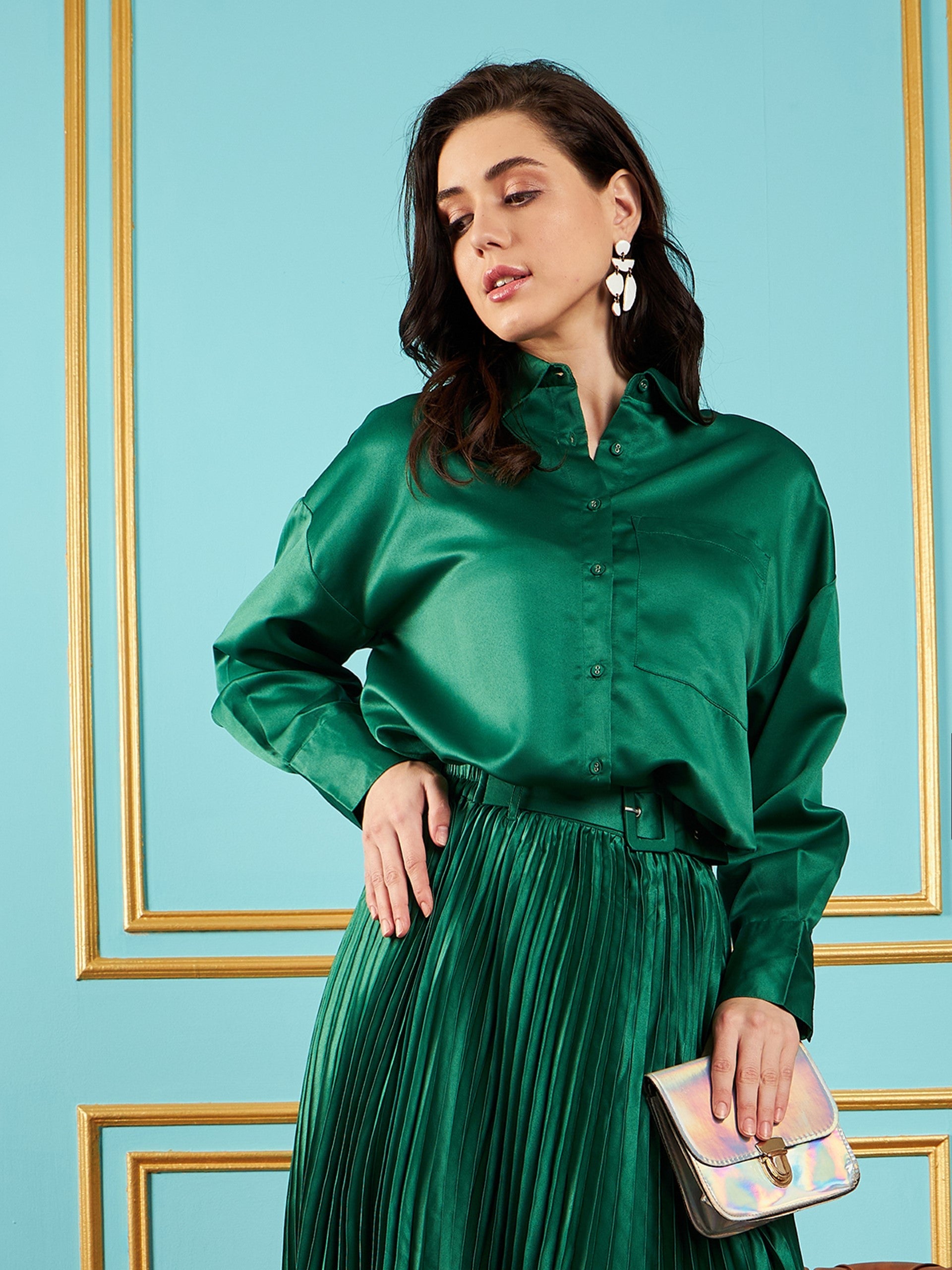 Floral Galore Dark green Satin Shirt for Women