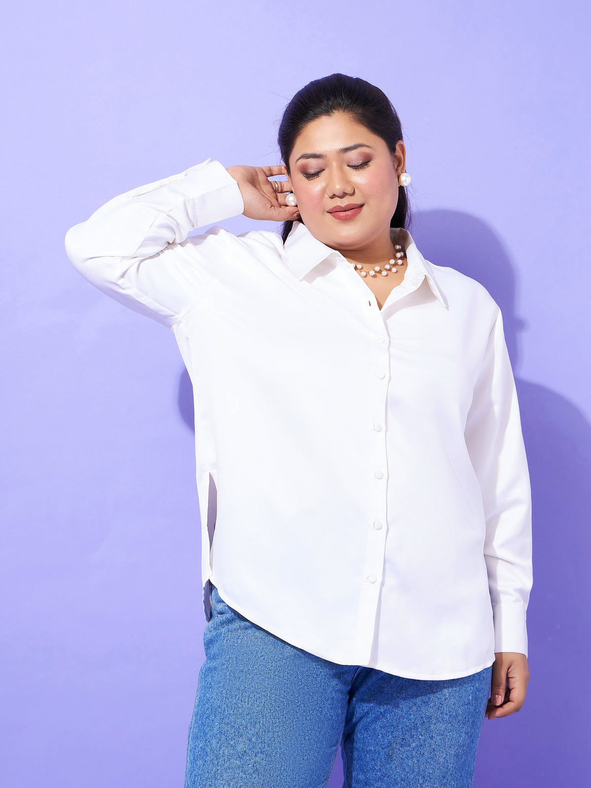 Off White Regular Satin Shirt-SASSAFRAS Curve