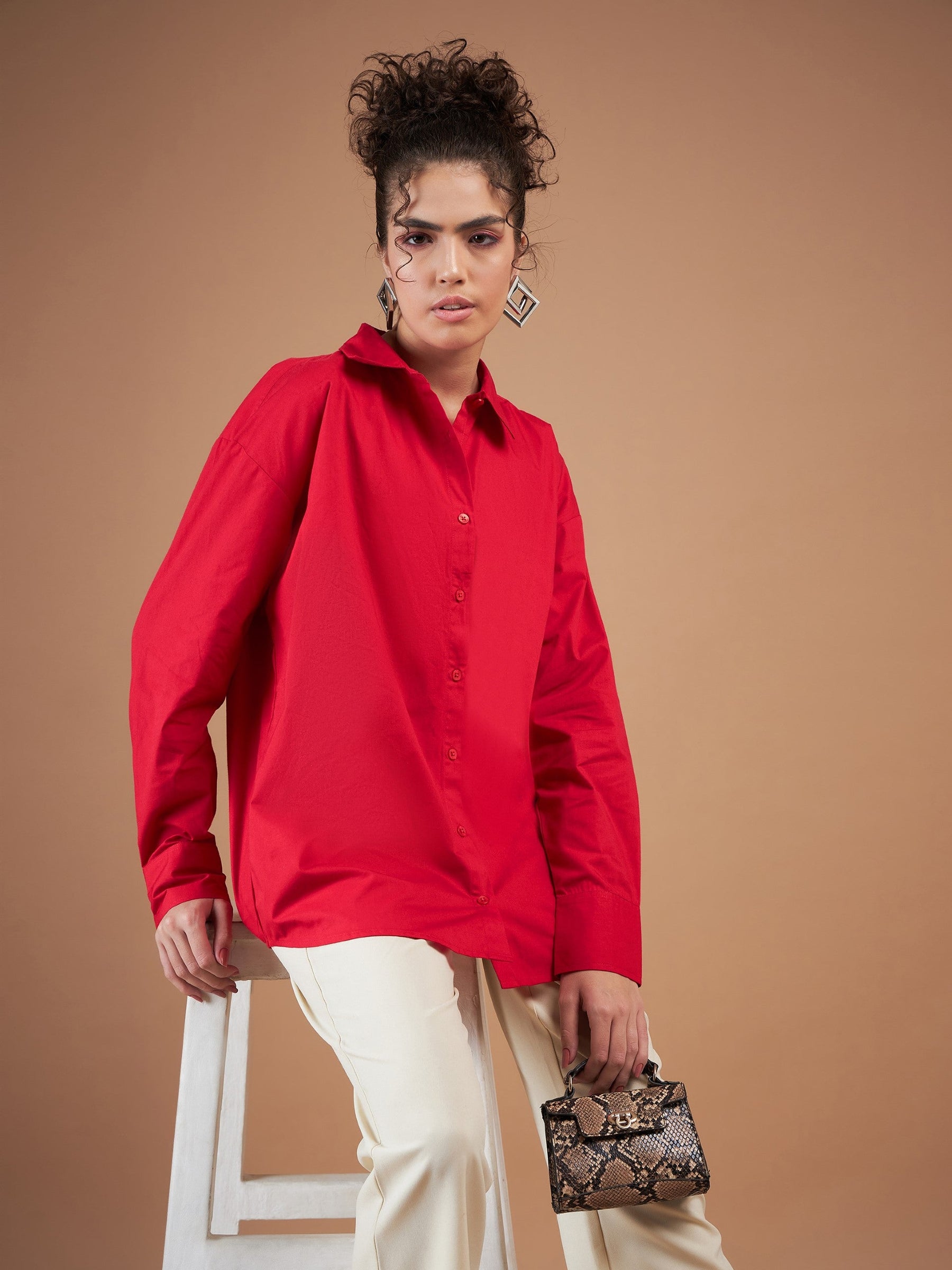Red Cotton Poplin Oversized Shirt-SASSAFRAS