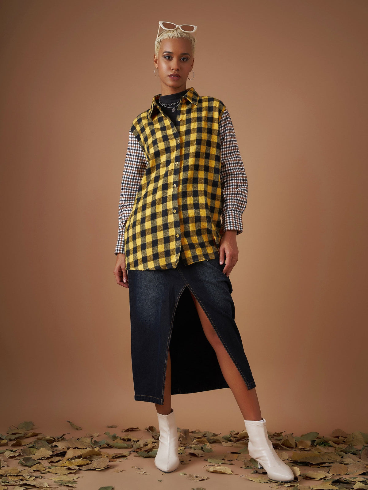 Yellow Flannel Check ColourBlock Regular Shirt-SASSAFRAS