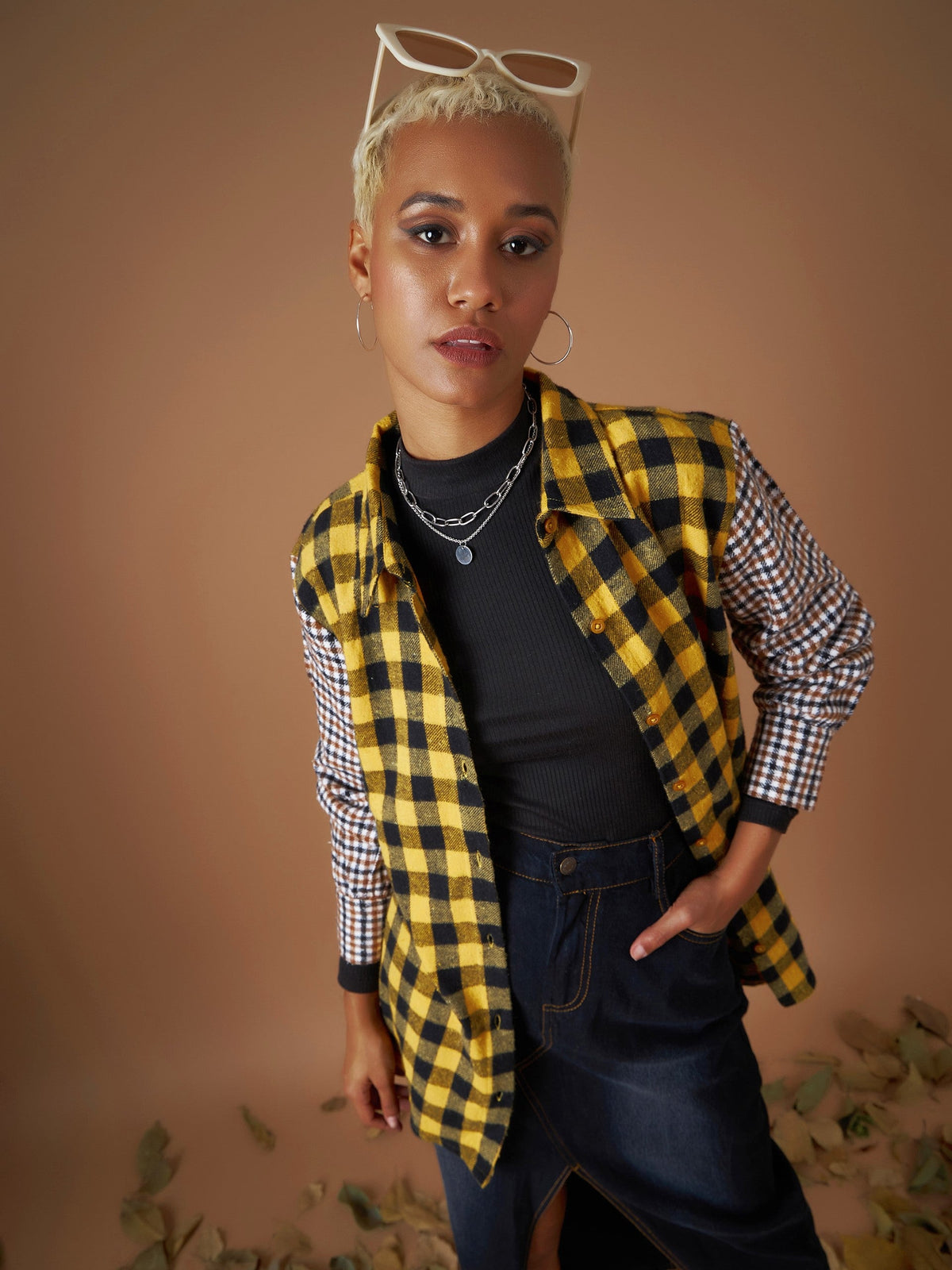 Yellow Flannel Check ColourBlock Regular Shirt-SASSAFRAS