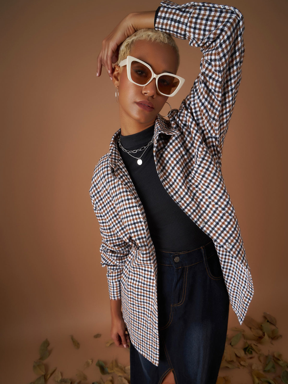Brown Flannel Check Oversized Shirt-SASSAFRAS