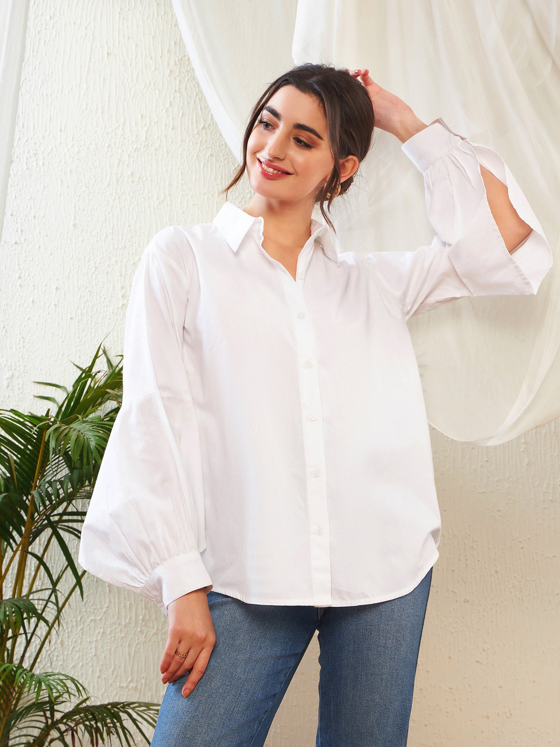 White Poplin Lantern Sleeves Shirt-SASSAFRAS