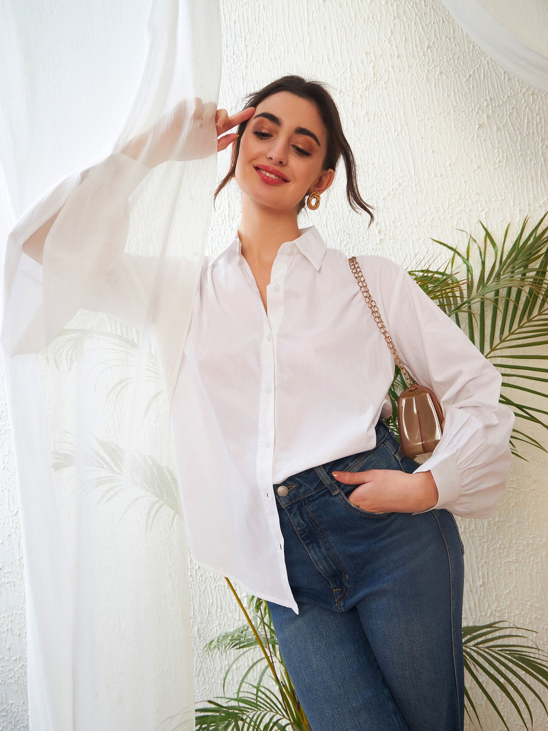 White Poplin Lantern Sleeves Shirt-SASSAFRAS
