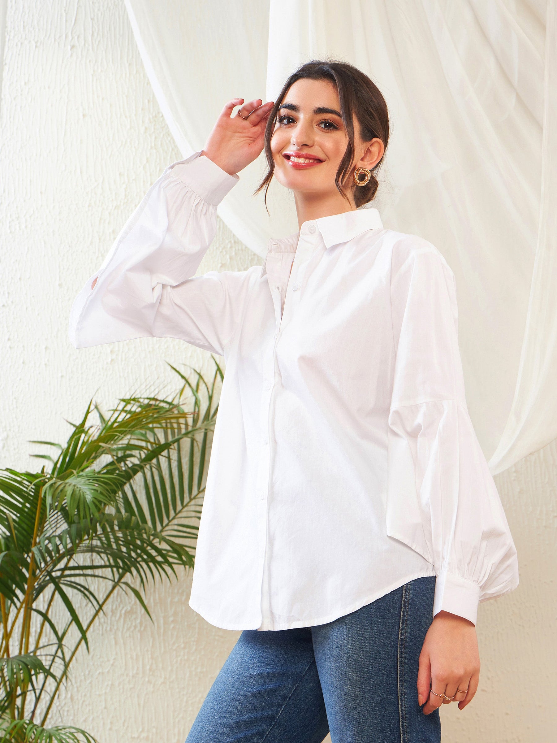 White Poplin Lantern Sleeves Shirt-SASSAFRAS