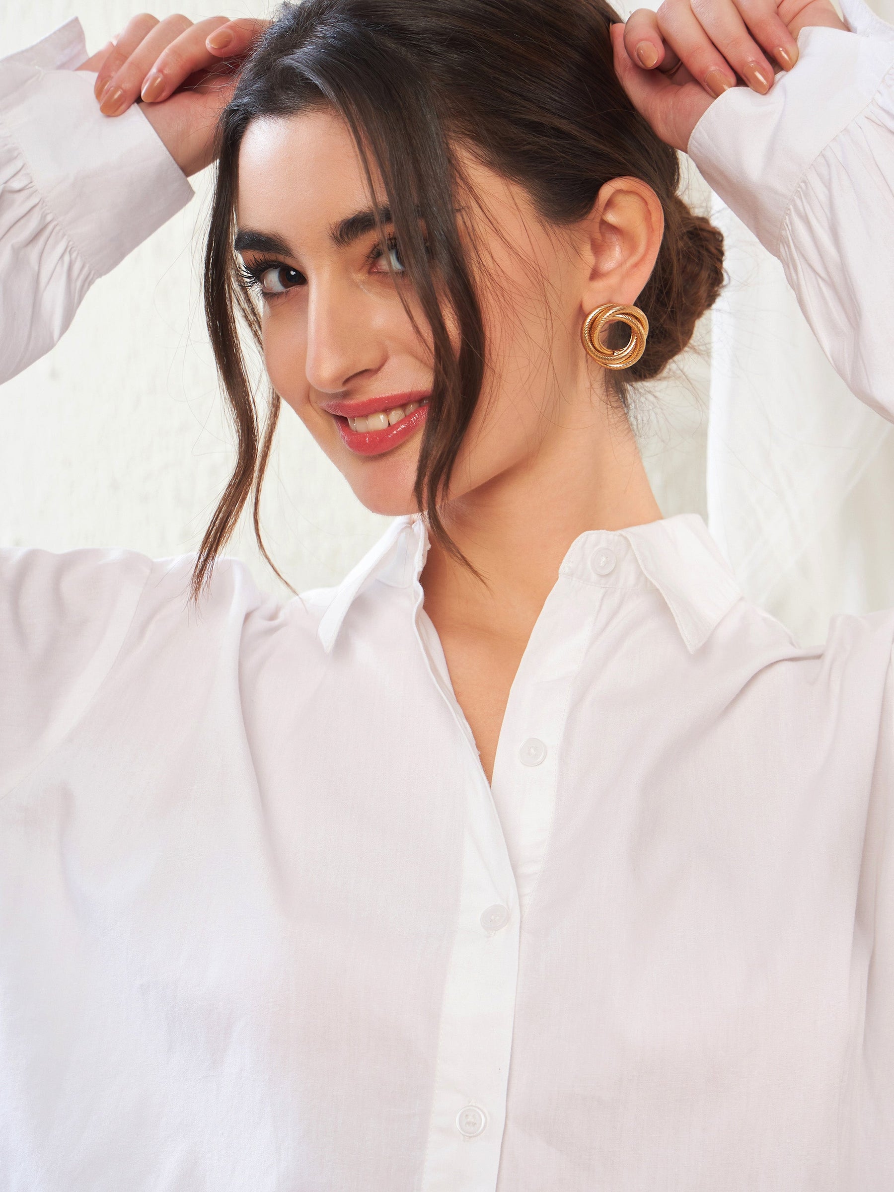 White Poplin Lantern Sleeves Shirt-SASSAFRAS