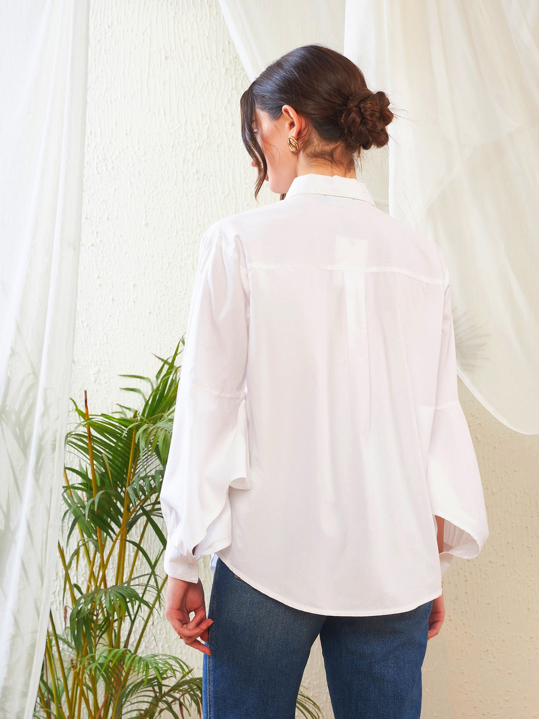 White Poplin Lantern Sleeves Shirt-SASSAFRAS