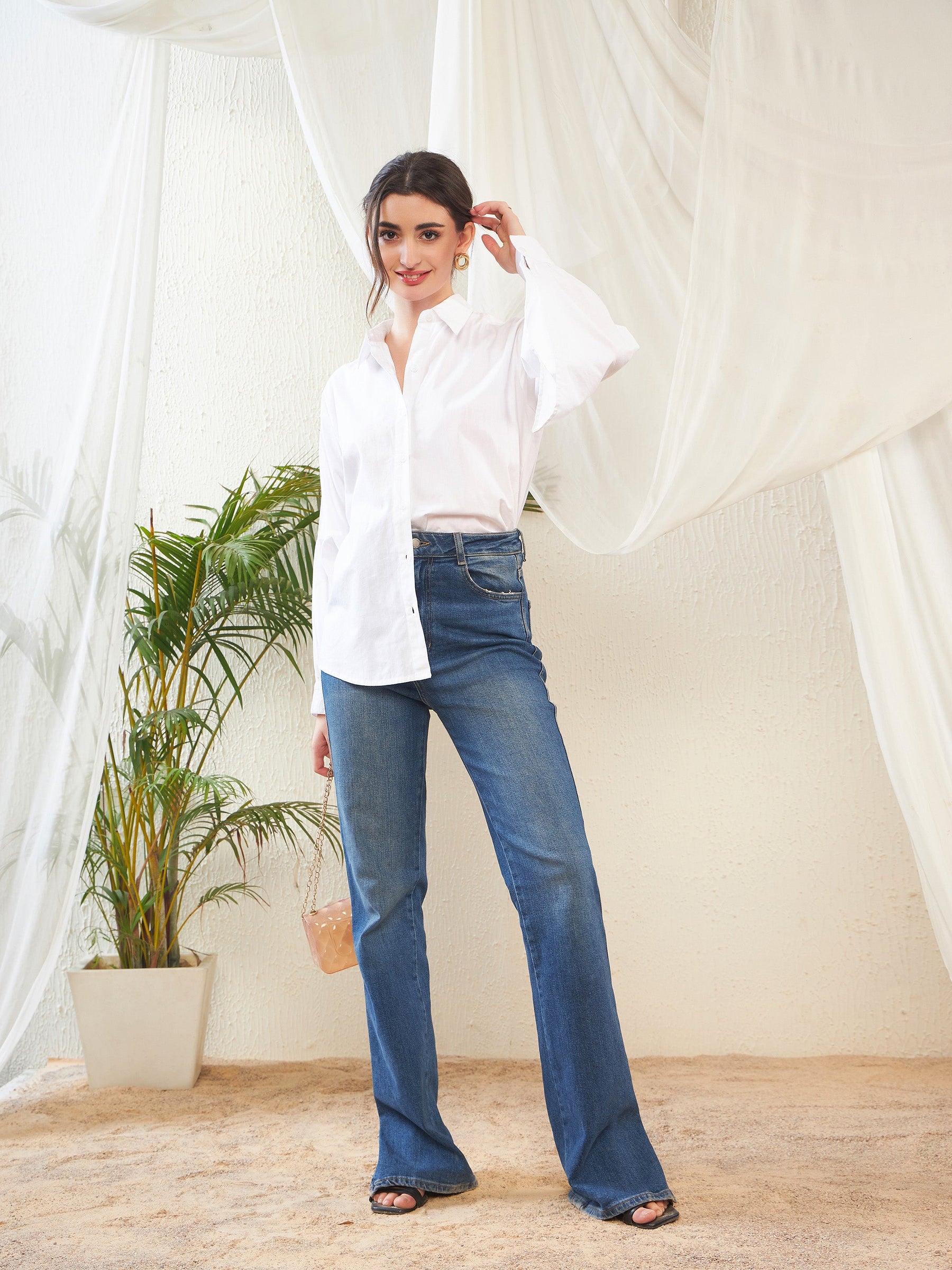 White Poplin Lantern Sleeves Shirt-SASSAFRAS