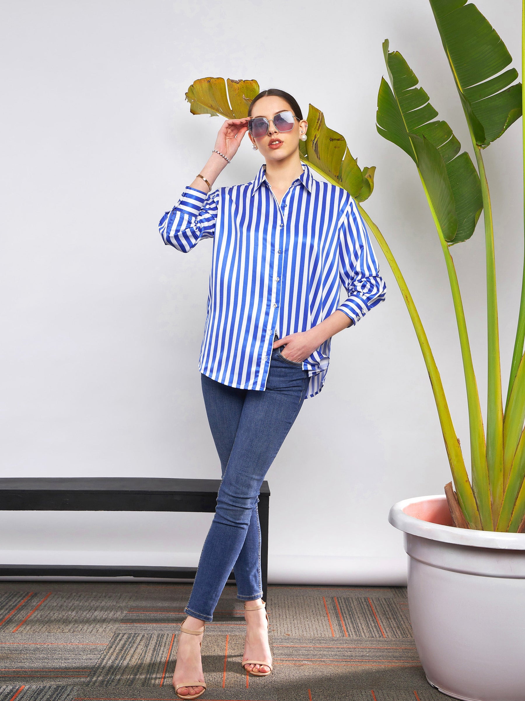 Blue & White Satin Striped Shirt-SASSAFRAS