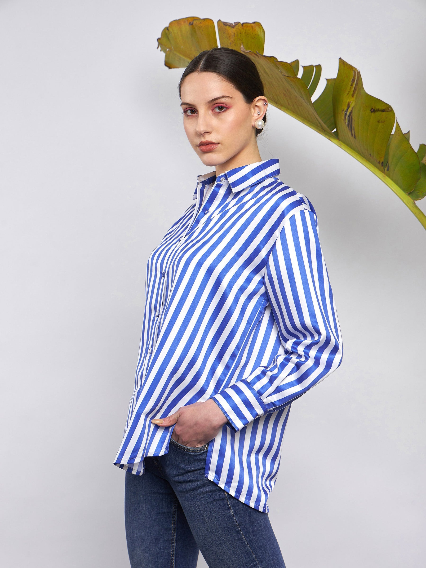 Blue & White Satin Striped Shirt-SASSAFRAS