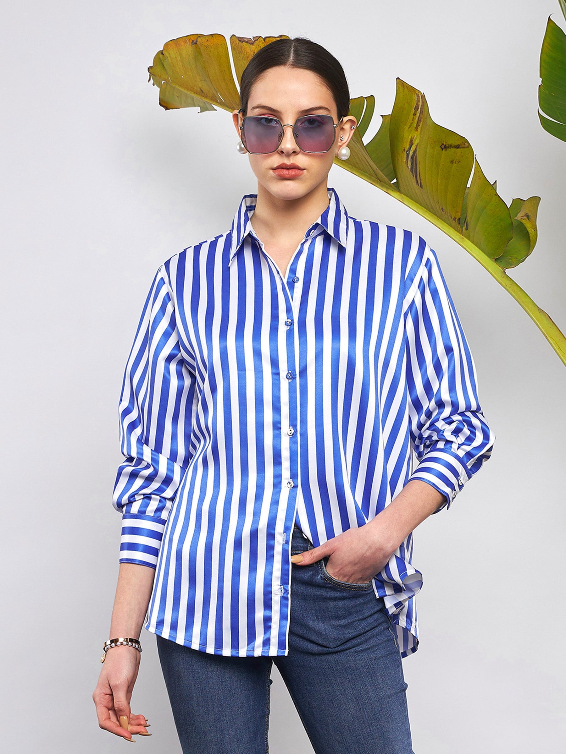 Blue & White Satin Striped Shirt-SASSAFRAS