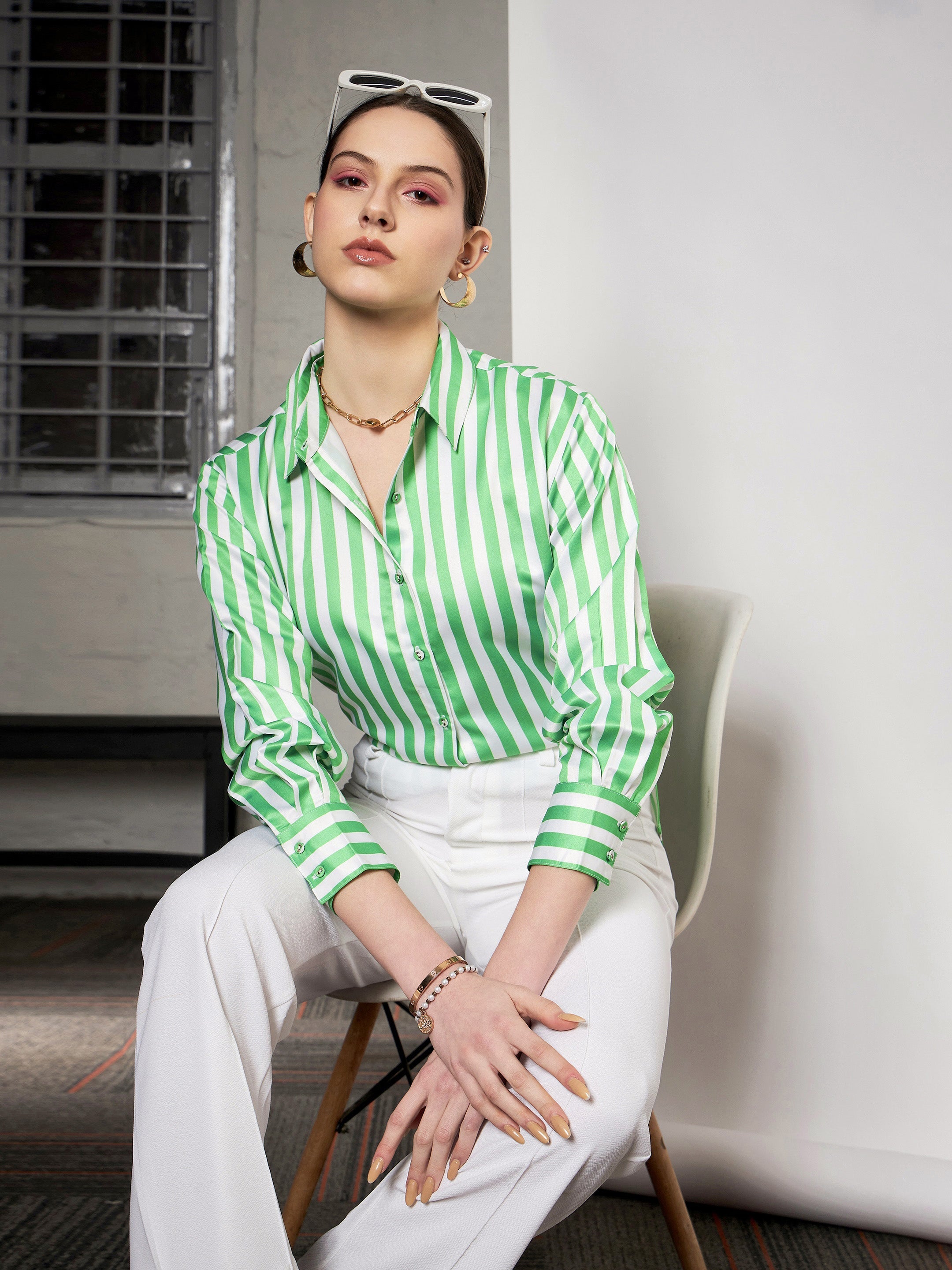 Buy Green White Satin Striped Shirt Online At Best Price