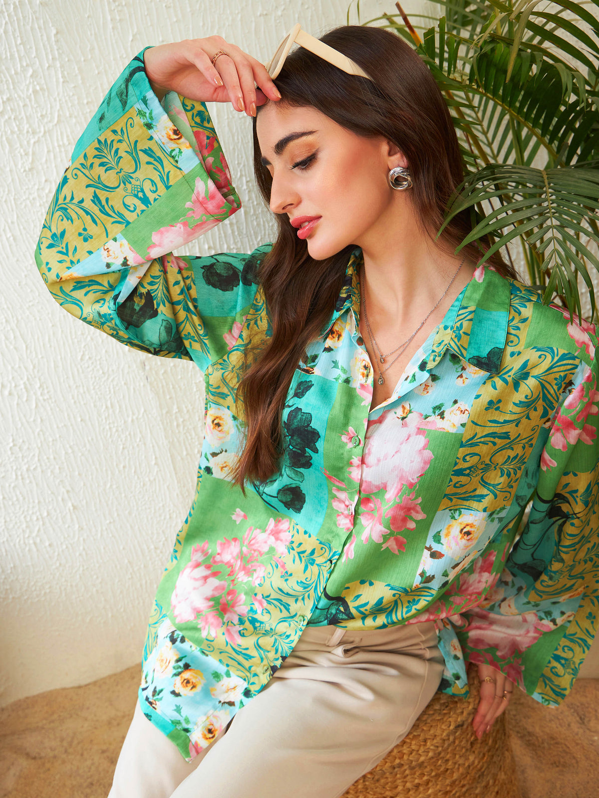 Green Placement Floral Oversize Shirt-SASSAFRAS