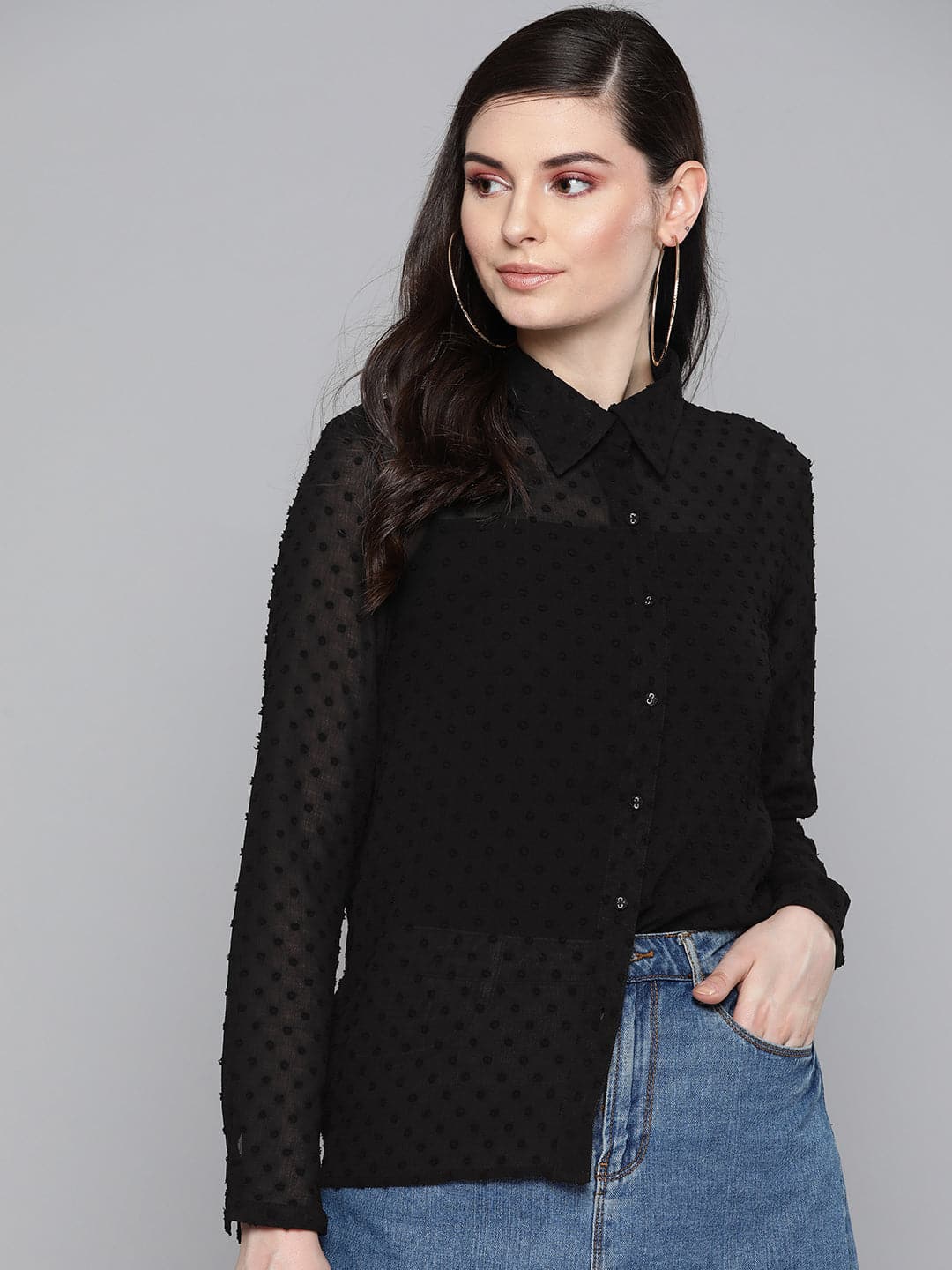 Black Dobby Sheer Boxy Shirt-Shirts-SASSAFRAS