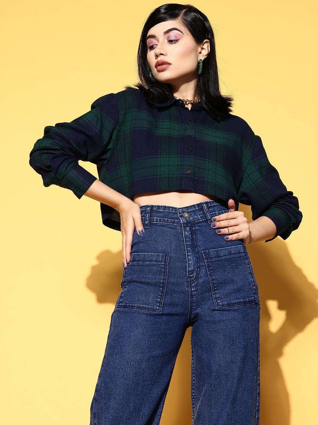 Buy Women Navy Check Crop Shirt Online at Sassafras