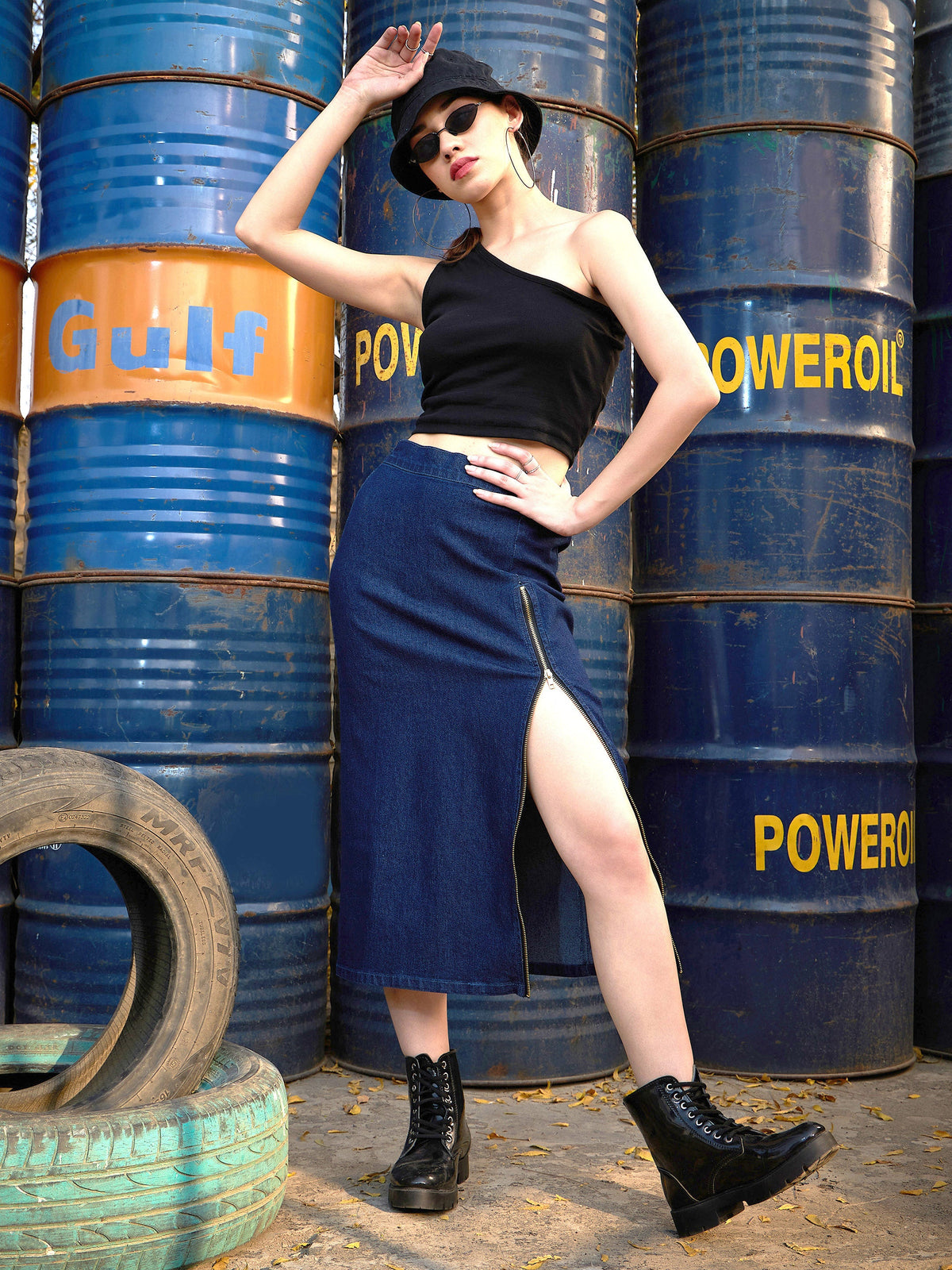 Blue Denim A Line Skirt-SASSAFRAS
