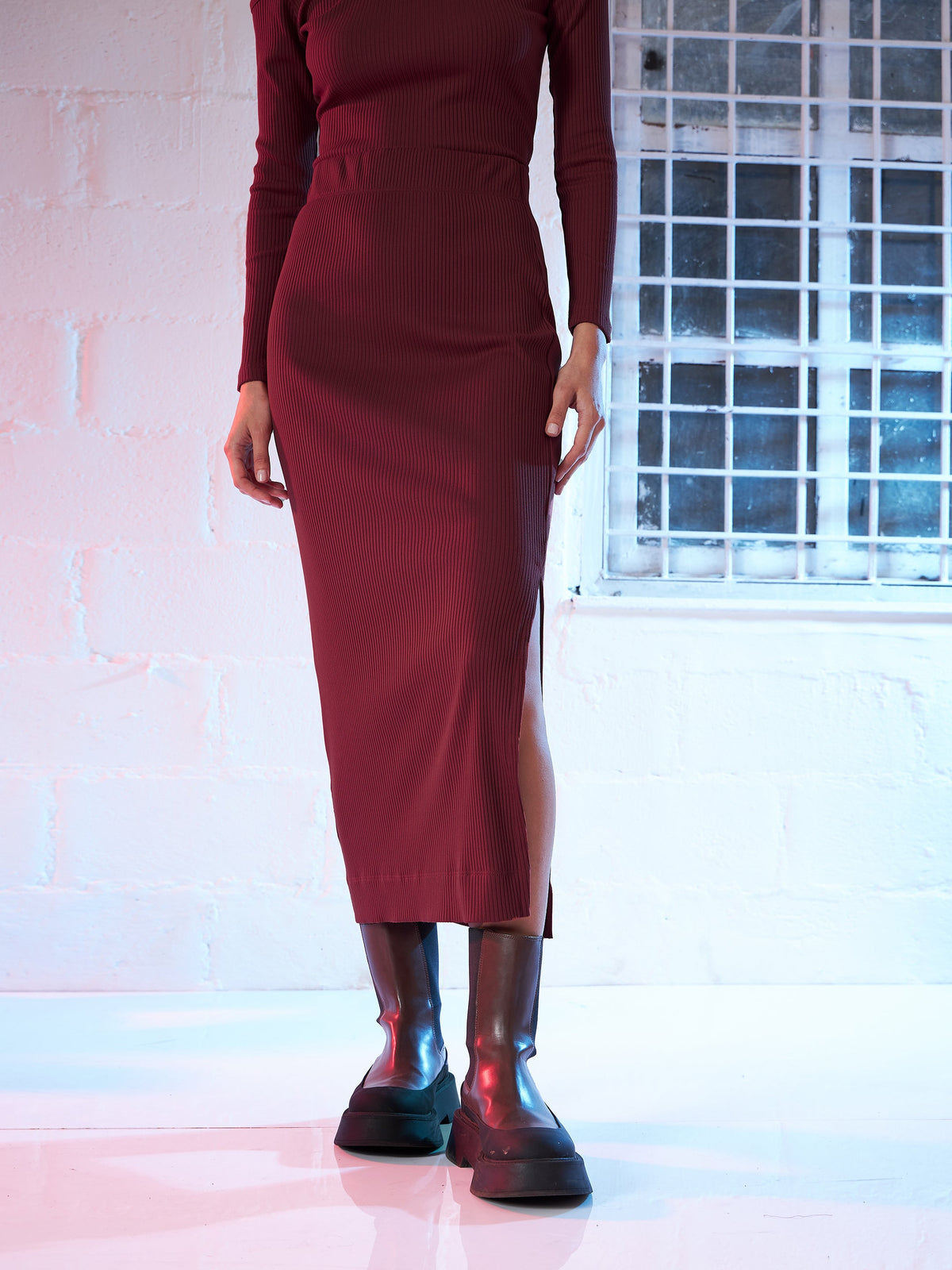 Maroon Side Slit Pencil Skirt-SASSAFRAS