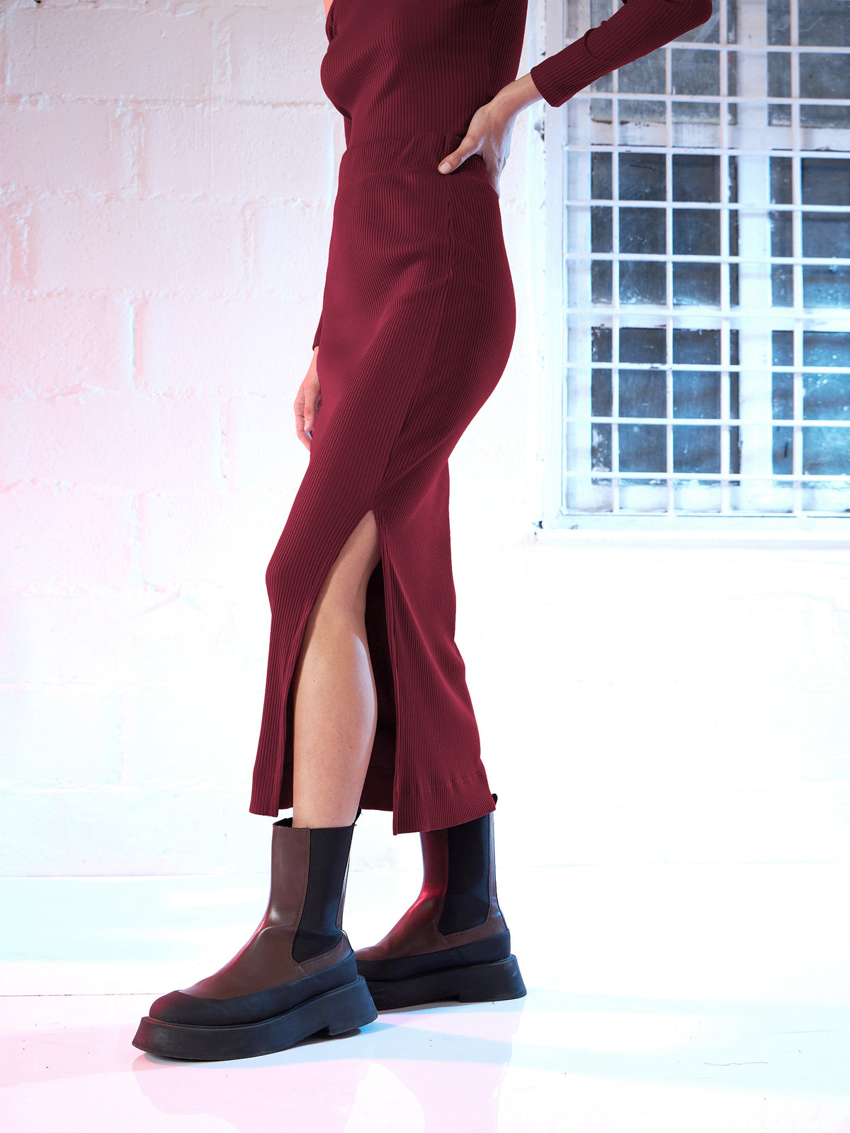 Maroon Side Slit Pencil Skirt-SASSAFRAS