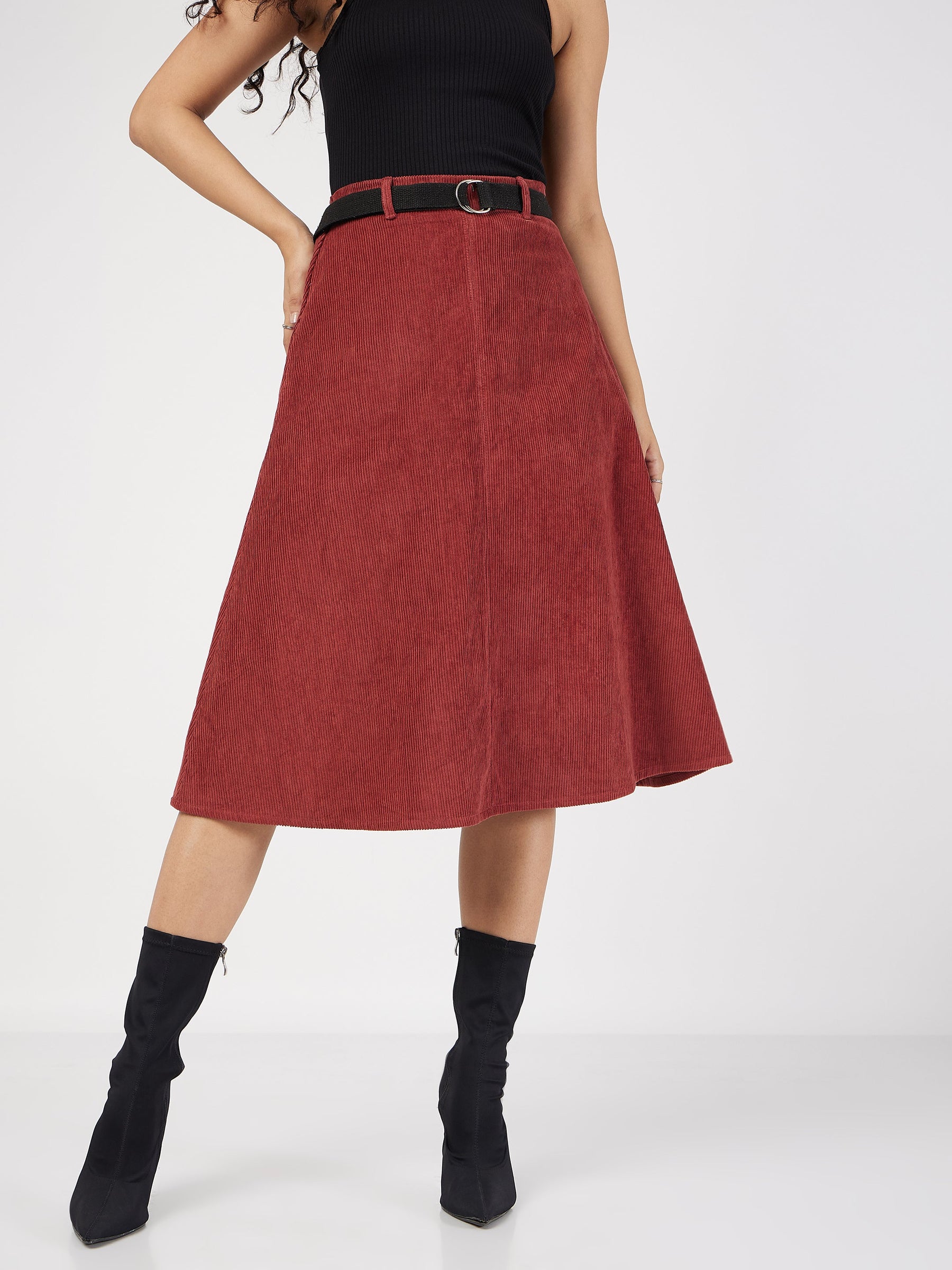 Rust Corduroy A-Line Midi Skirt-SASSAFRAS