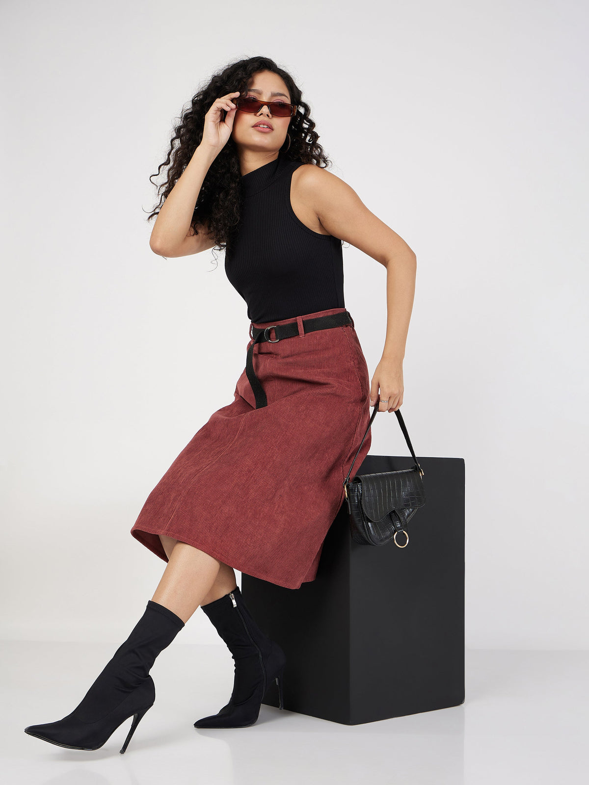 Rust Corduroy A-Line Midi Skirt-SASSAFRAS