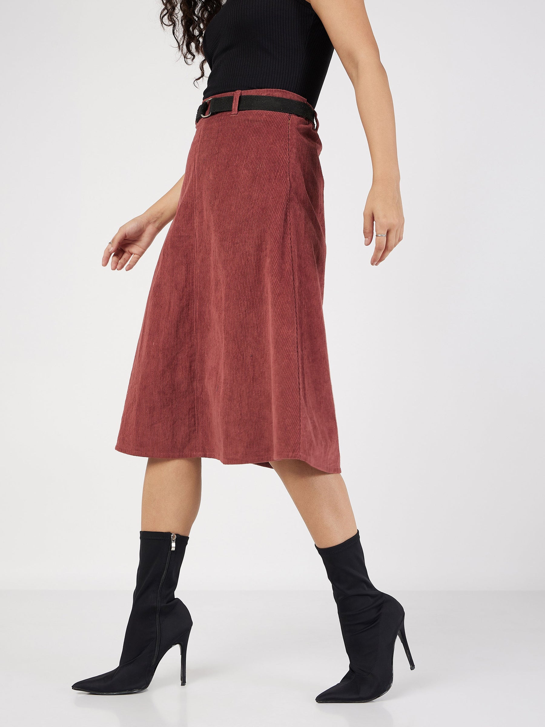 Rust Corduroy A-Line Midi Skirt-SASSAFRAS
